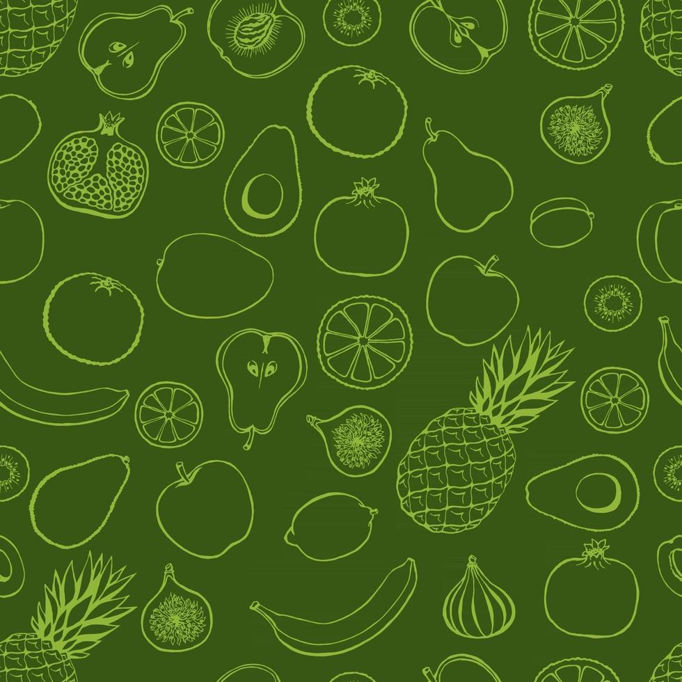 980x980 Seamless pattern with hand drawn fruits elements on a green background. Vegetarian wallpaper. For design packaging, textile, background, design postcards and posters