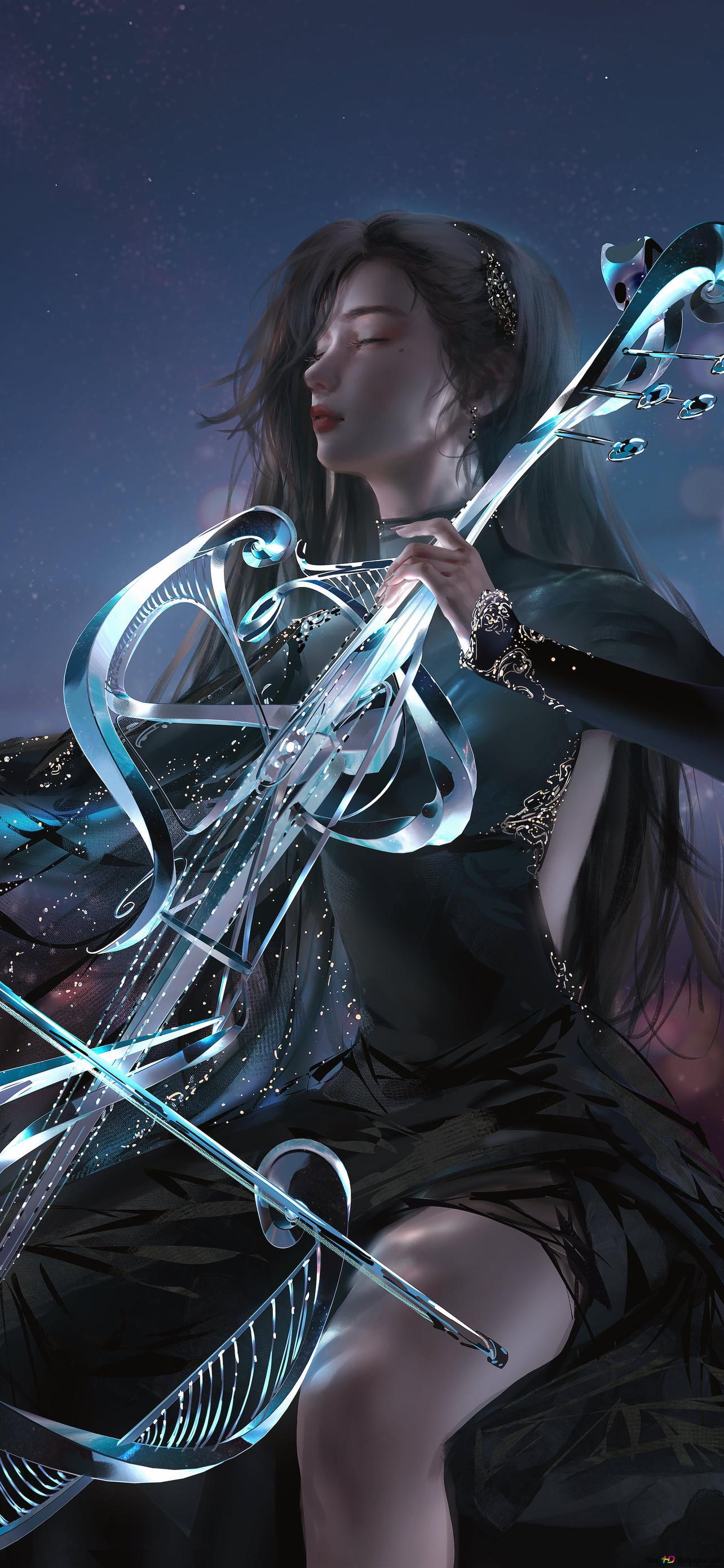 1284x2778 Beautiful anime woman with long hair in black dress playing violin 2K wallpaper download