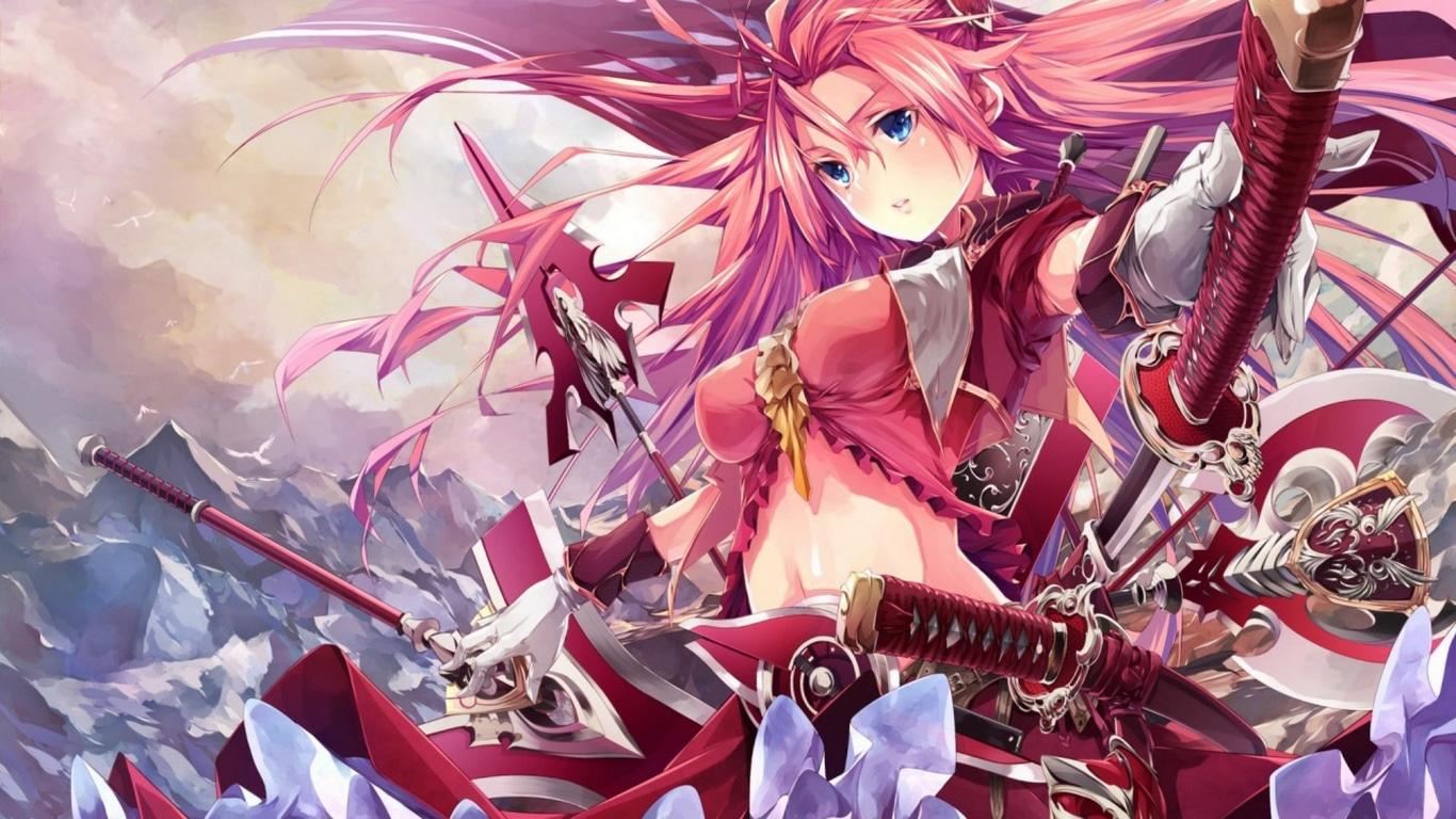 1366x768 Wallpaper / hd, cg, beautiful, sweet, mountain, blade, anime, spear, hot, beauty, anime girl, long hair, sword, gorgeous, female, lovely, , warrior, girl, katana, awesome, pink hair free download