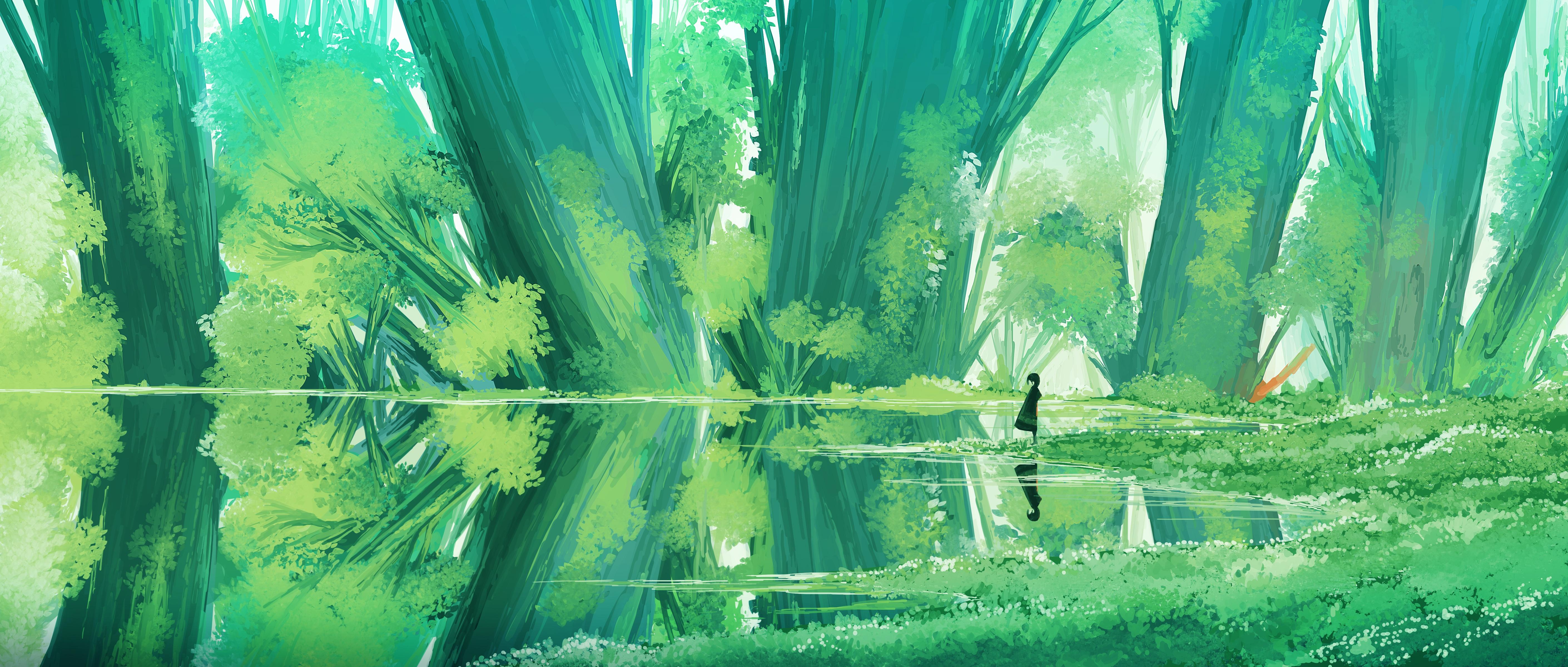 5640x2400 4K Ultra HD Anime Forest Reflection: Lush Green Serenity in Water Mirrorx2400