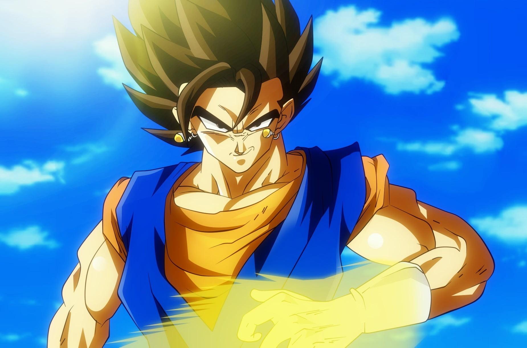 1850x1223 Wallpaper / gold colored, female likeness, Dragon Ball, sky, character, day, ball, sunlight, sculpture, no people, statue, blue, Dragon Ball Super, Vegito, human representation free download