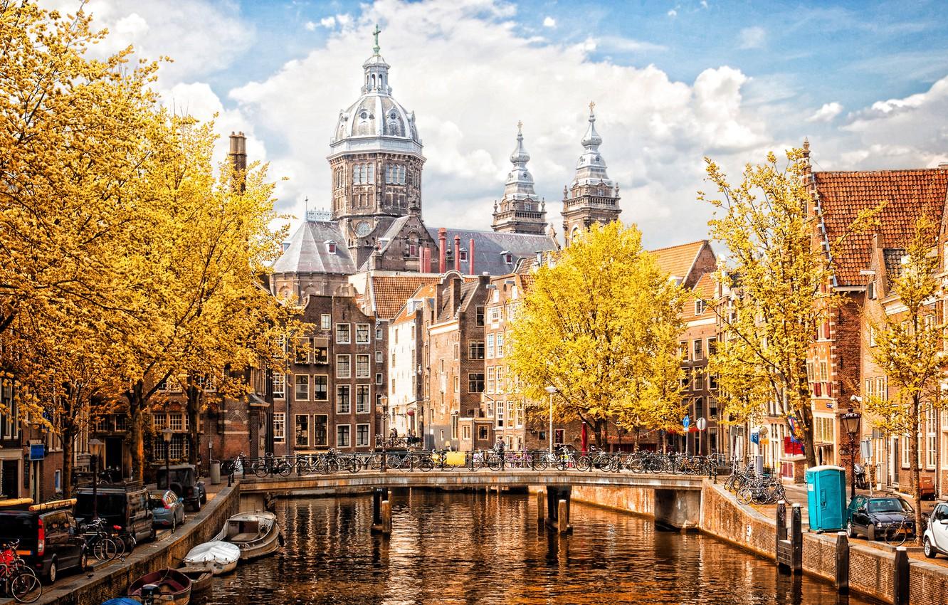 1332x850 Wallpaper autumn, the sky, clouds, trees, bridge, the city, river, transport, street, building, home, Amsterdam, architecture, river, street, Amsterdam image for desktop, section город
