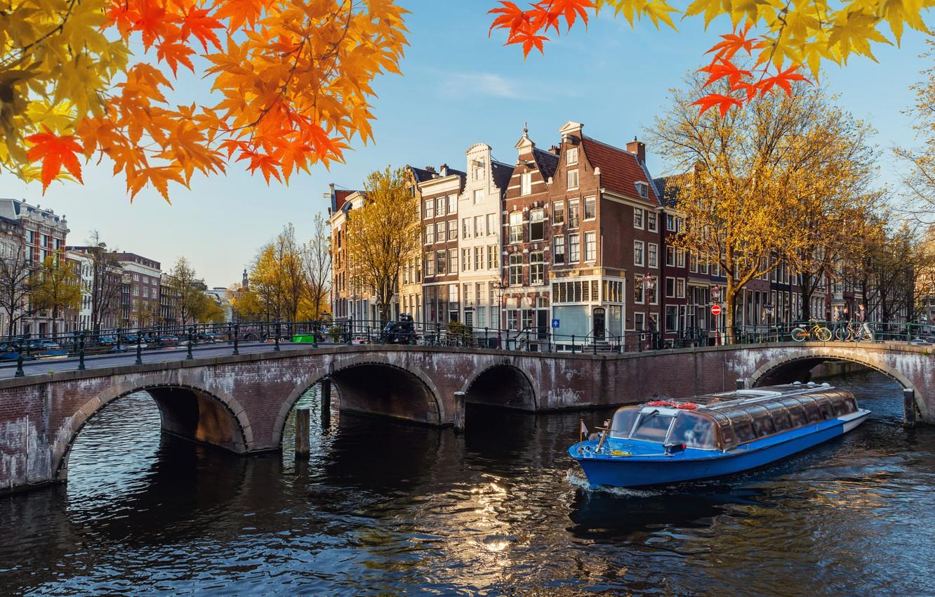 1332x850 Wallpaper autumn, leaves, branches, bridge, the city, boat, building, Amsterdam, channel, Holland image for desktop, section город