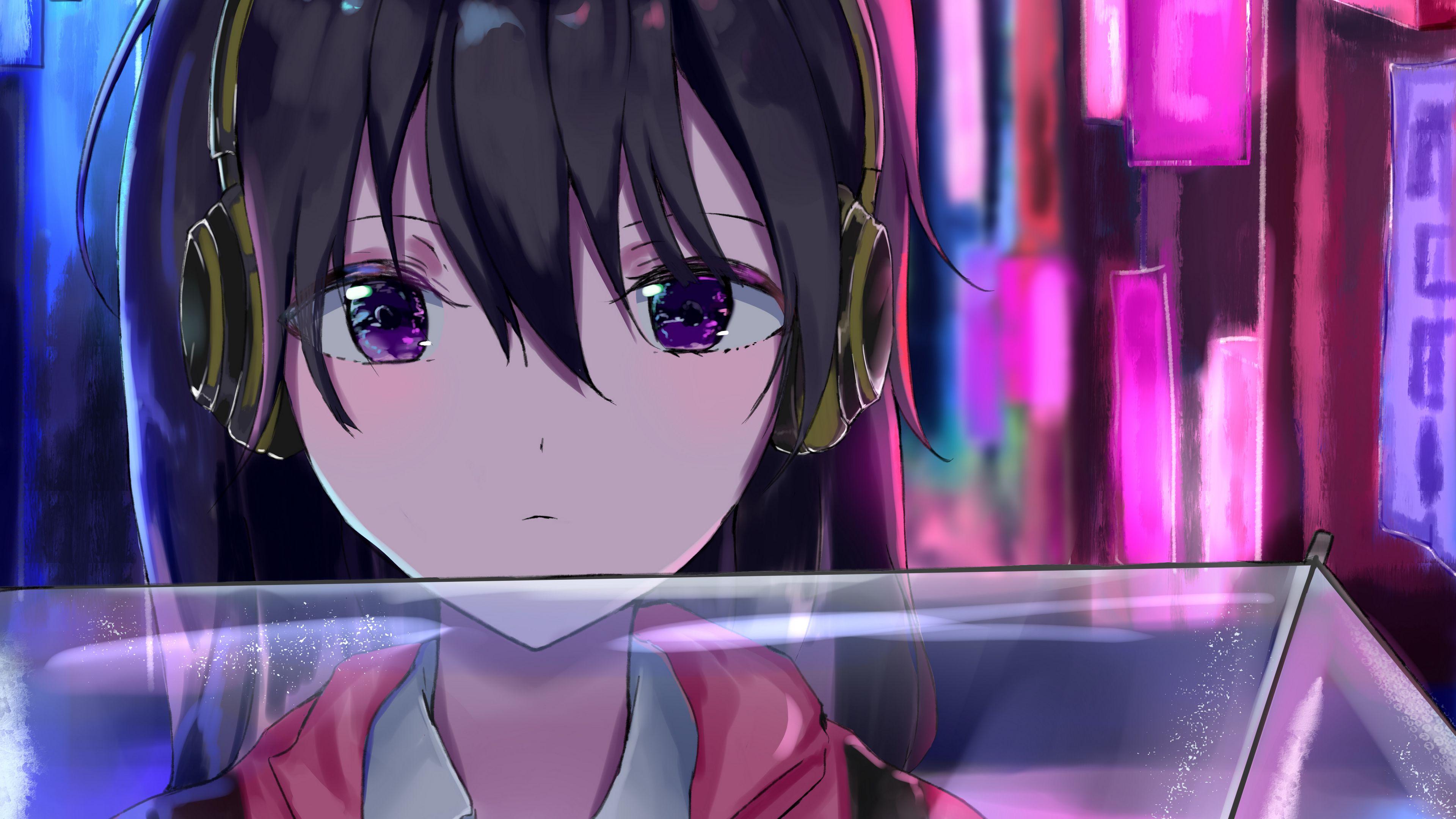 3840x2160 Download wallpaper 3840x2160 girl, headphones, signs, neon, anime 4k uhd 16:9 HD background