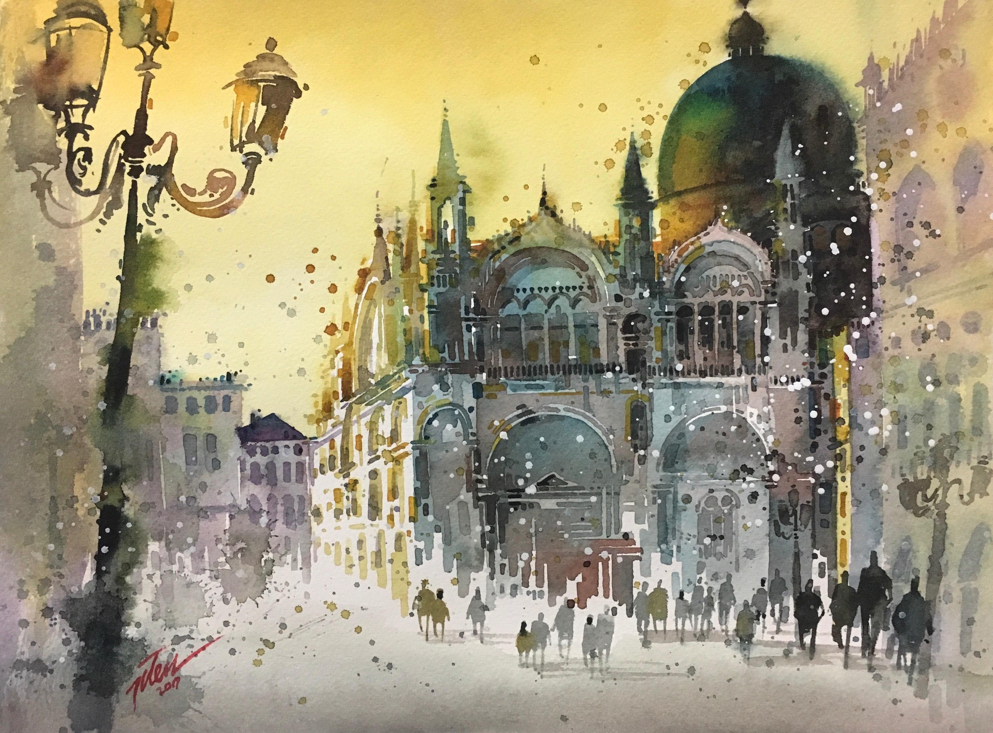 3471x2561 Wallpaper / artwork, architecture, watercolor, cathedral, Venice, Italy, street light, building, splashes, painting, crowds, town square, dome free download