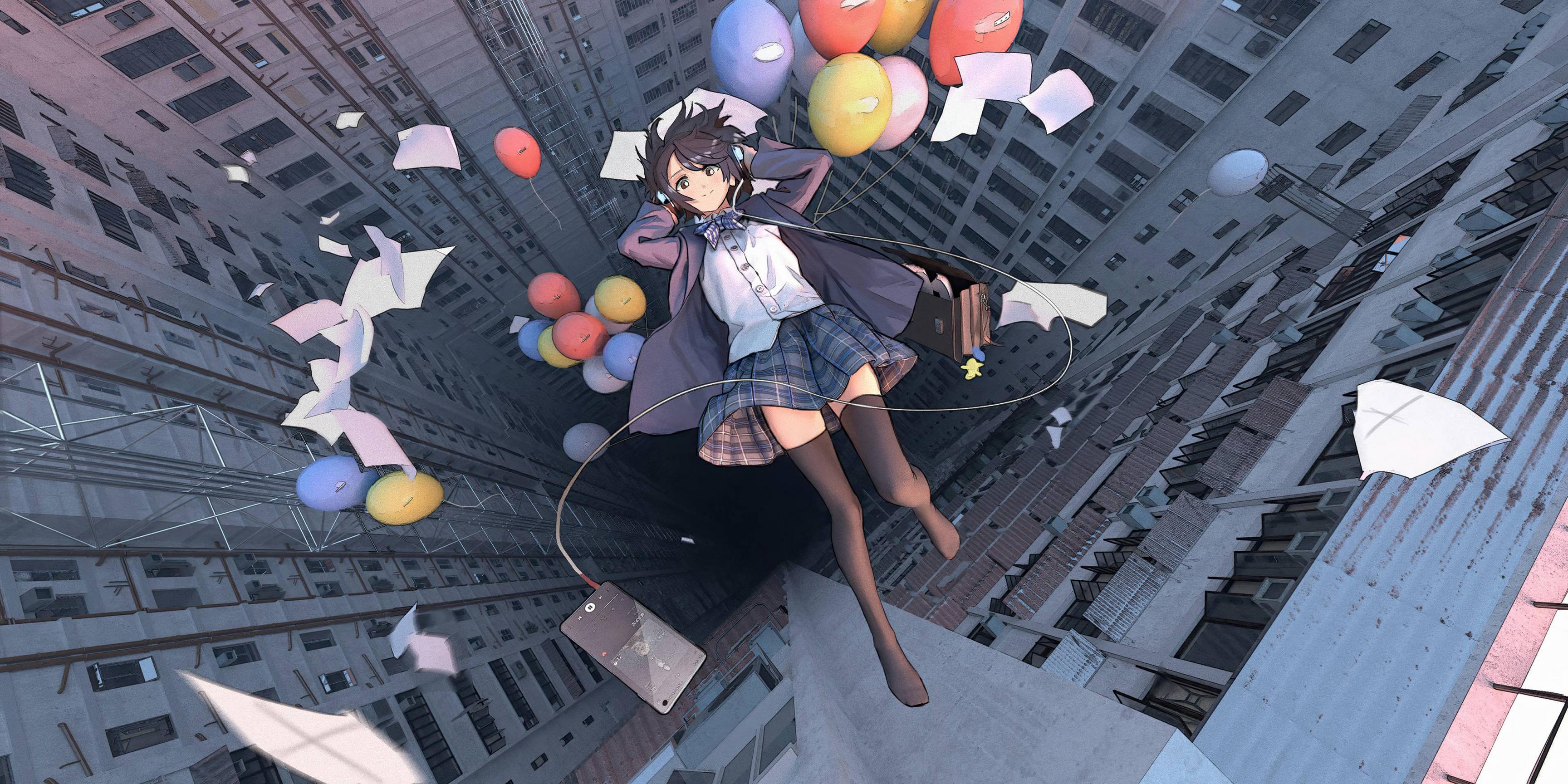 3456x1728 Anime Girl Falling School Uniform Balloon 4k, HD Anime, 4k Wallpaper, Image, Background, Photo and Picture