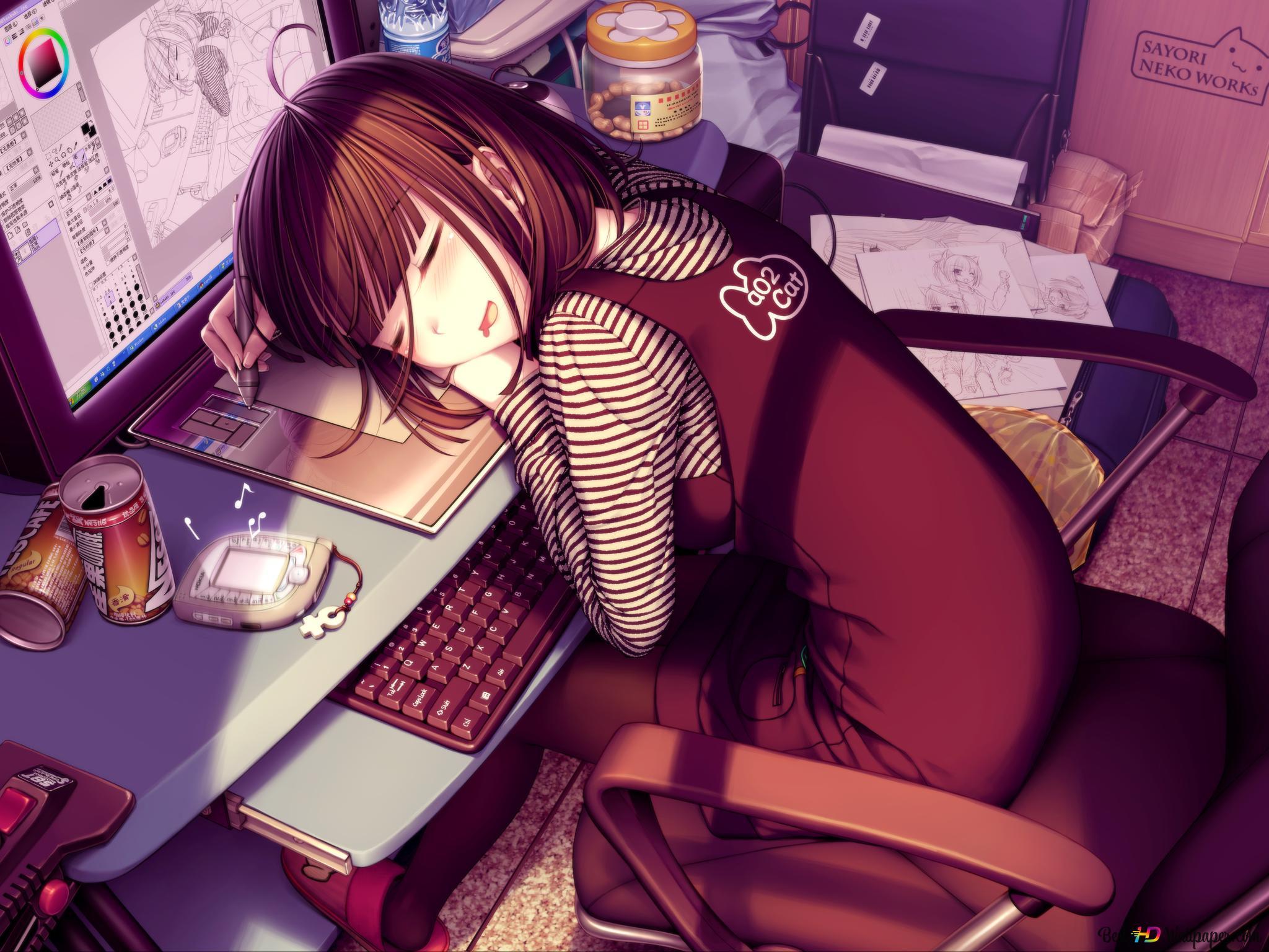 2048x1536 Beautiful anime girl falling asleep 4K wallpaper download