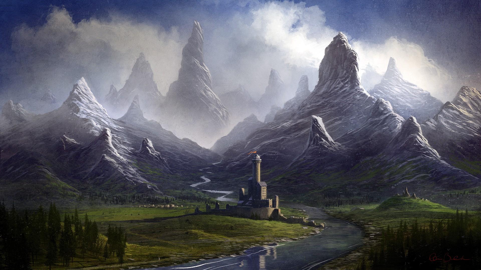 1920x1080 castle, Drawing, Mountains Wallpaper HD / Desktop and Mobile Background