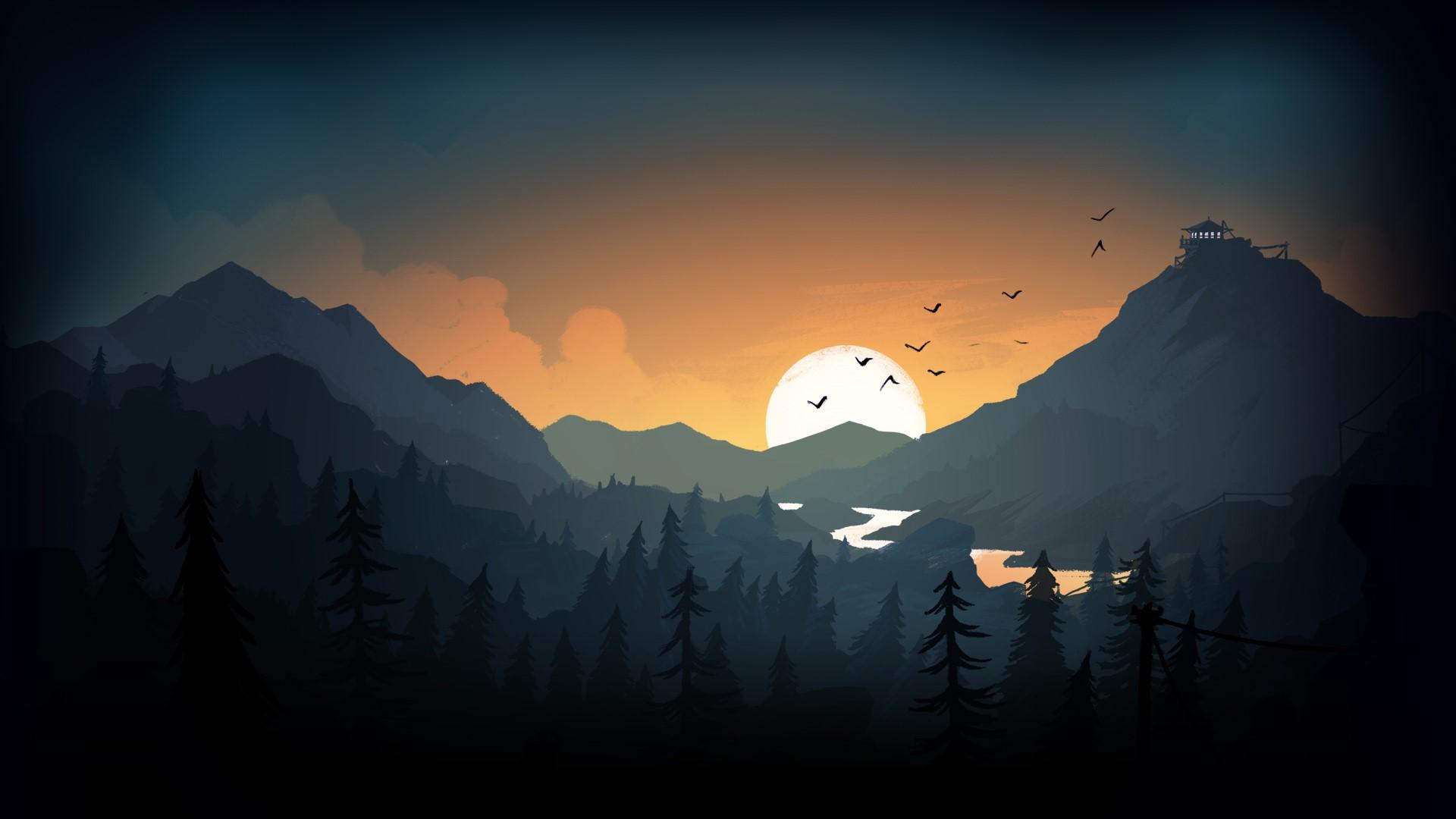 1920x1080 Wallpaper / drawing, evening, Sun, trees, mountains, house, birds, lake, Firewatch free download