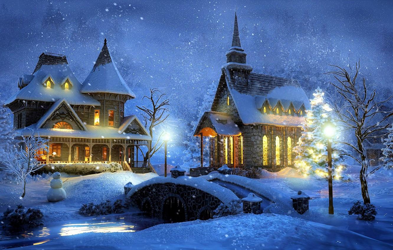1332x850 Wallpaper winter, snow, night, bridge, home, lights, Thomas Kinkade image for desktop, section живопись
