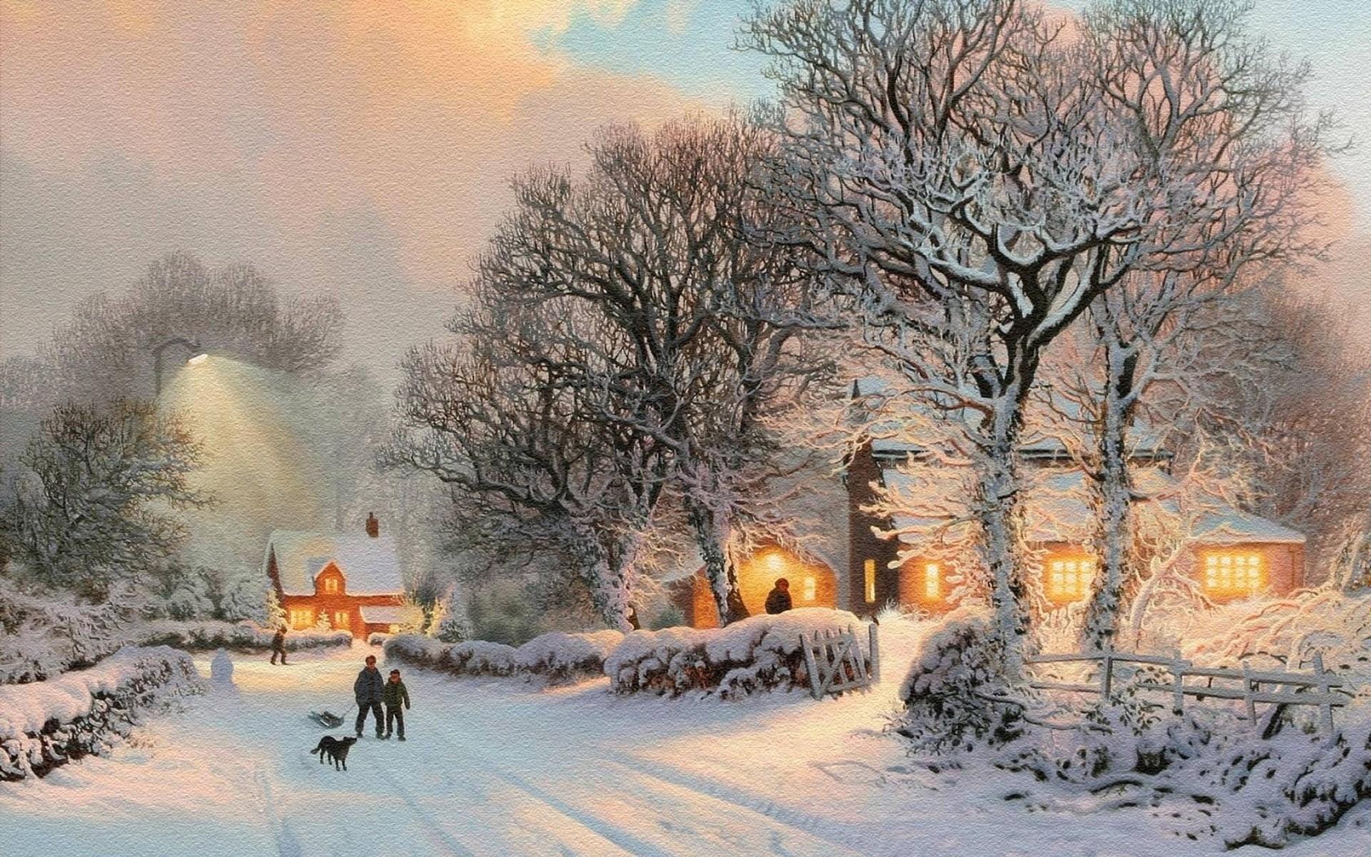 1920x1200 Wallpaper / snow, seasons, thomas, artwork, nature, kinkade, paintings, 1080P, hd, Winter, art, Trees free download