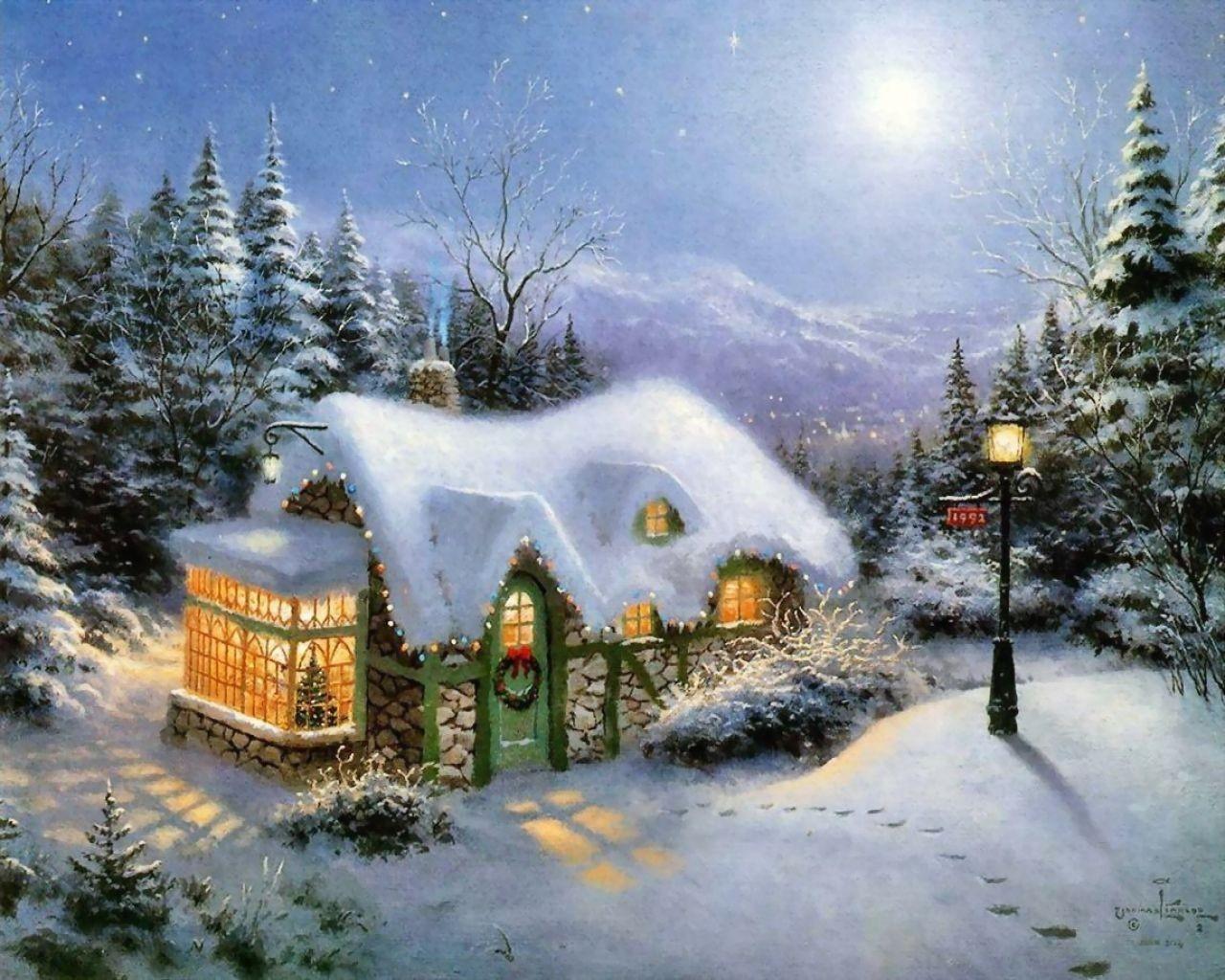 1280x1024 Thomas Kinkade Winter Wallpaper