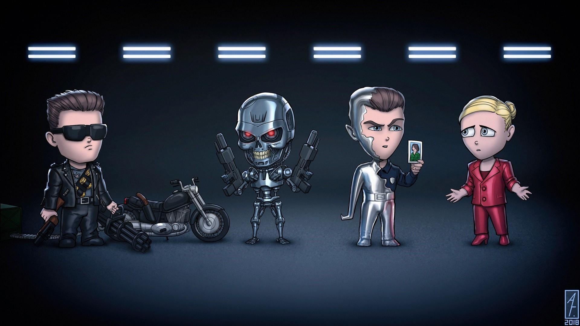 1920x1080 Terminator, chibi, artwork, humor, Robert Patrick, Arnold Schwarzenegger Gallery HD Wallpaper