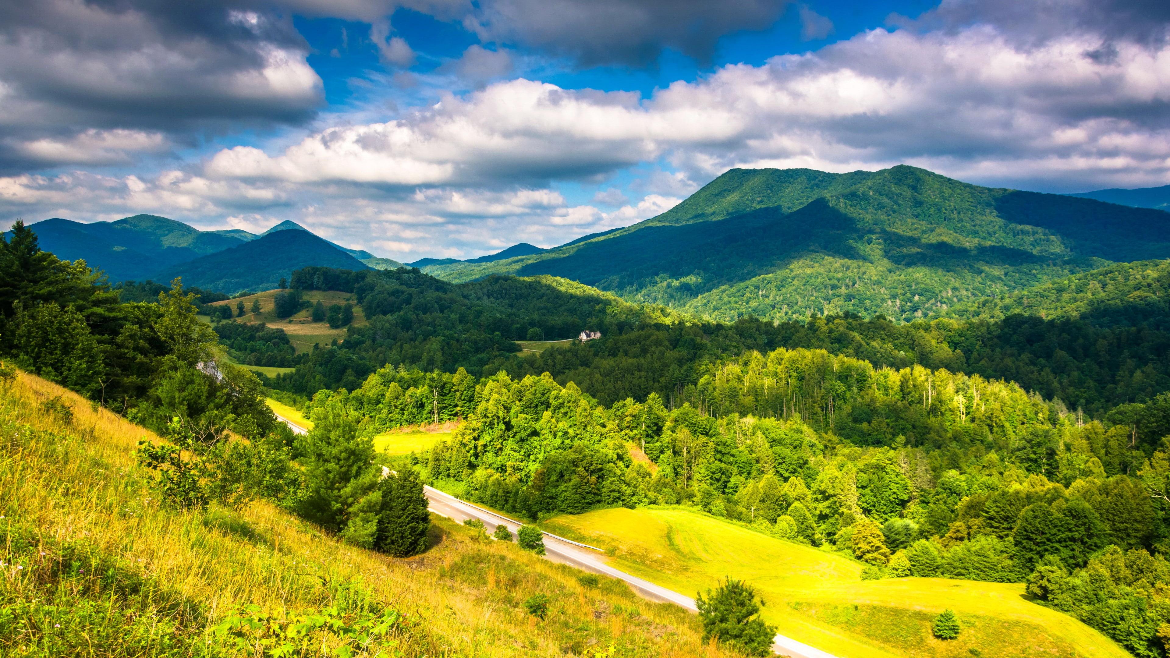 3840x2160 Wallpaper / cloudy, mountains, clouds, 4k wallpaper, white, blue, 5k, USA, forest, sky, Appalachian, 4K free download