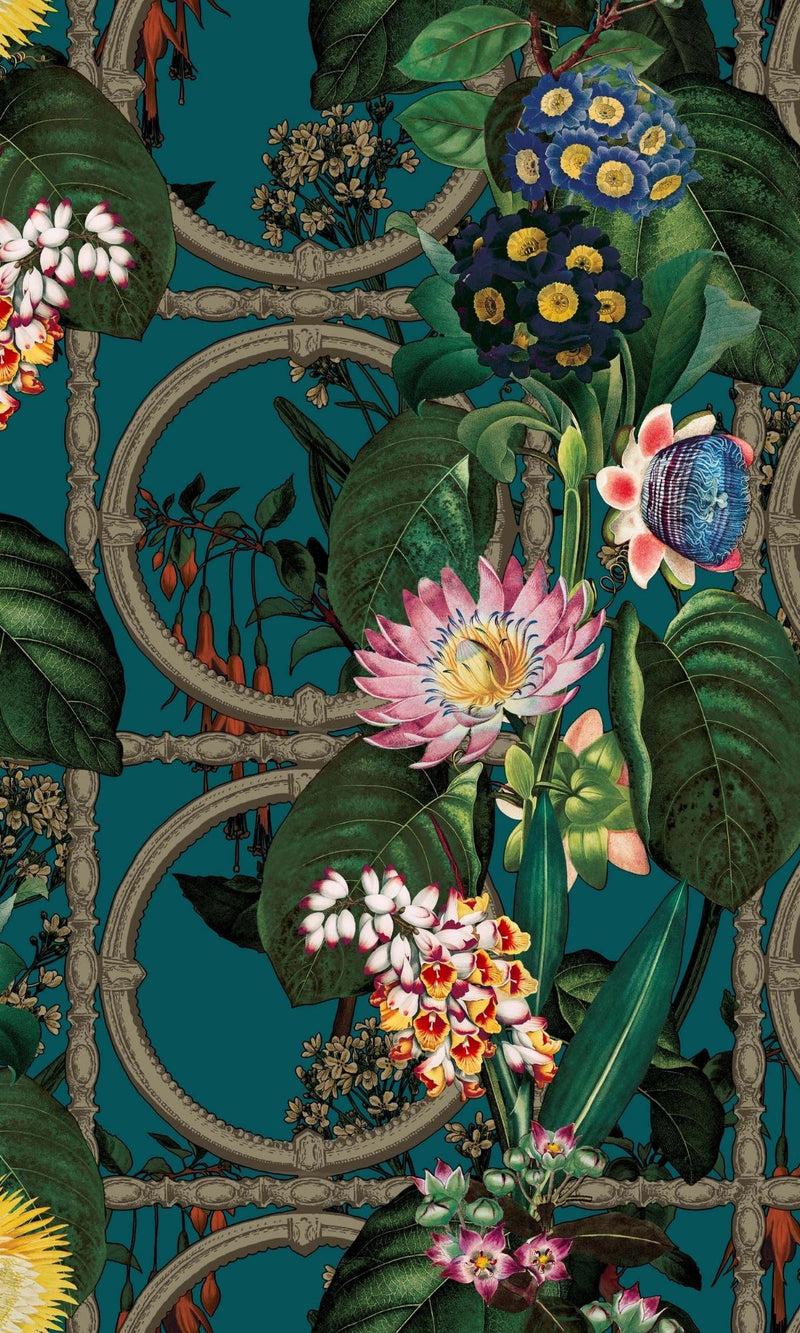 800x1333 Teal Metallic Bold Flowers and Leaves Floral Wallpaper R7576