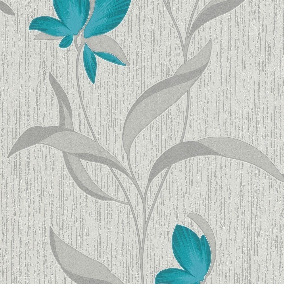 988x988 Flower Wallpaper Floral Textured Glitter White Teal Silver Vinyl Erismann 3002790153611