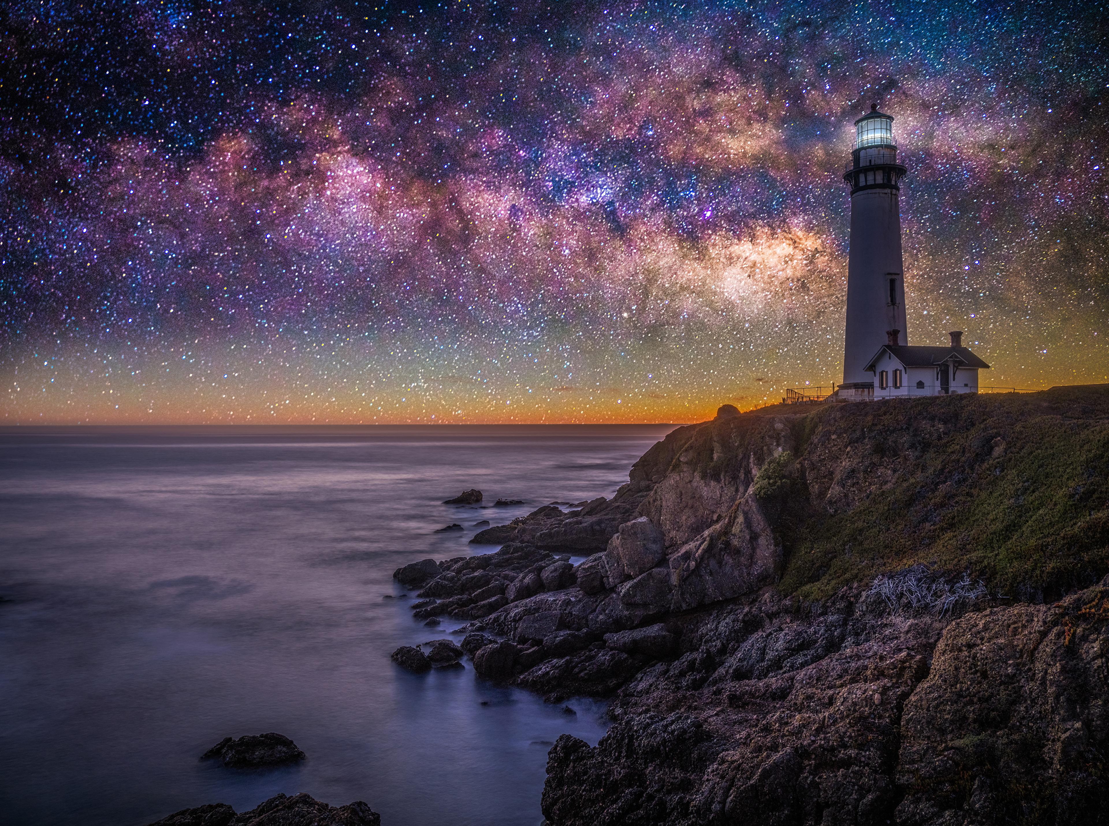 3840x2863 Lighthouse 4K, Night, Starry Sky Gallery HD Wallpaper