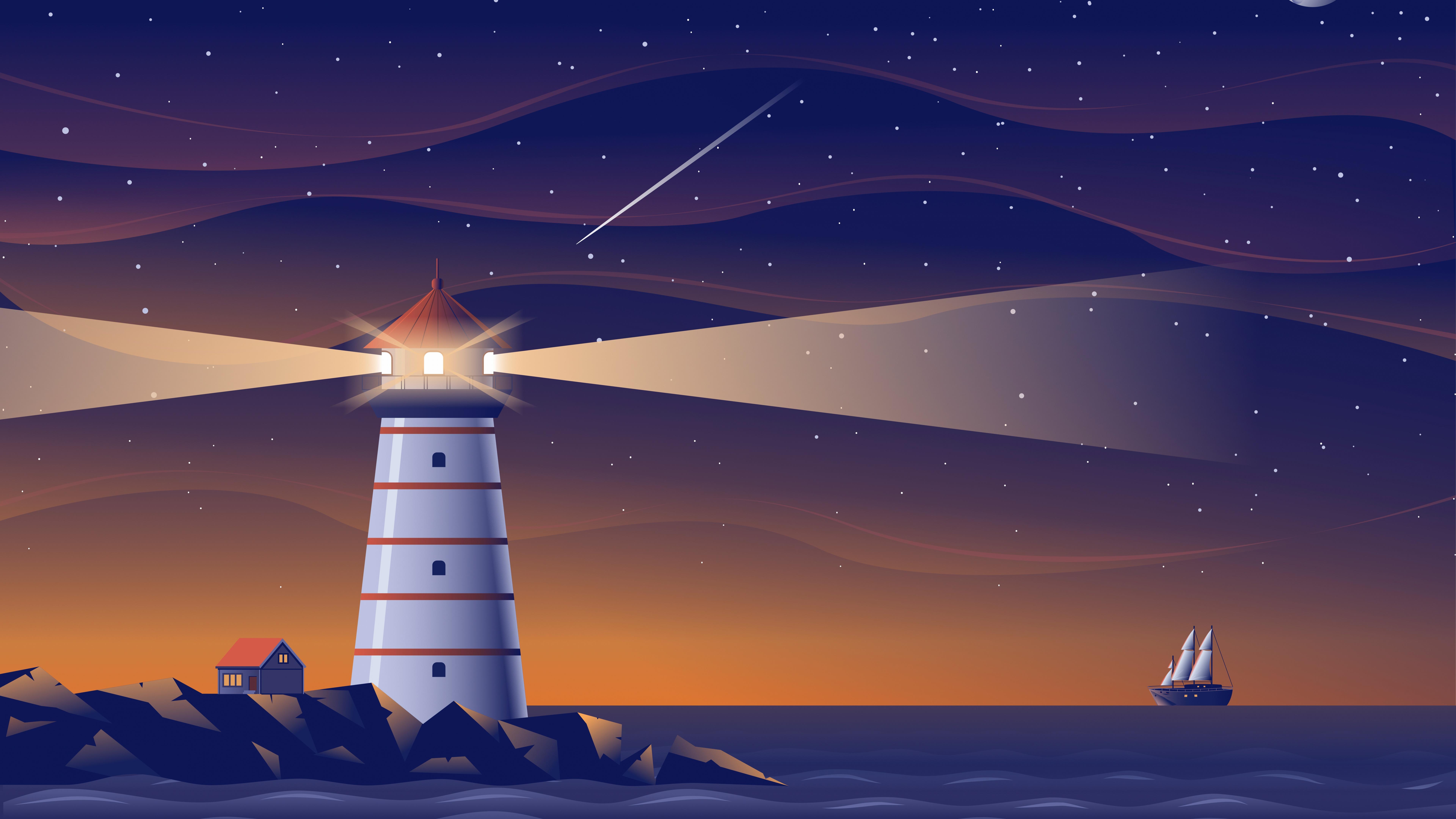 7680x4320 Lighthouse Wallpaper 4K, Night, Ocean, Ship, Fantasy