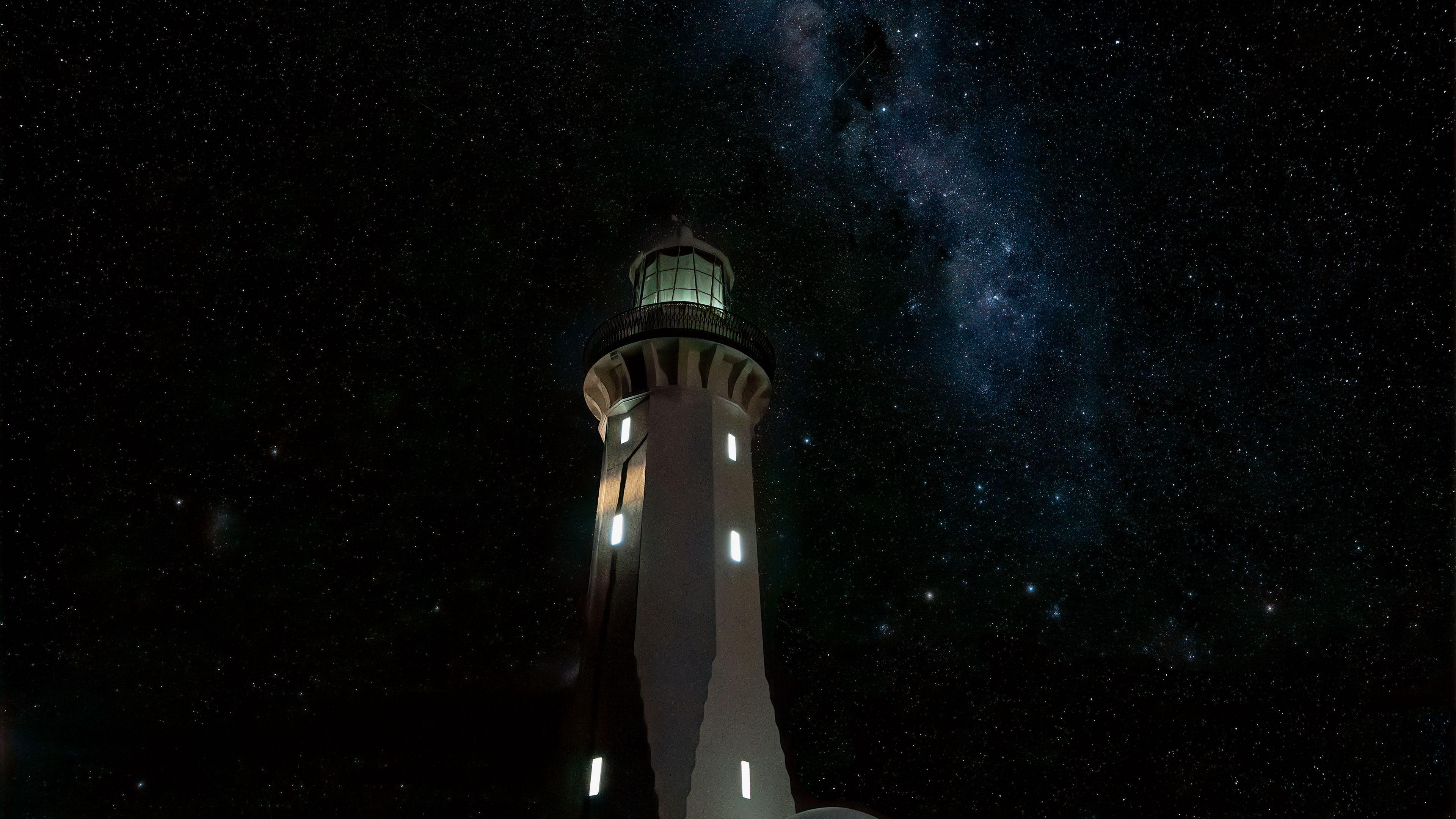 3840x2160 Wallpaper / lighthouse, building, dark, night, starry sky, 4k free download