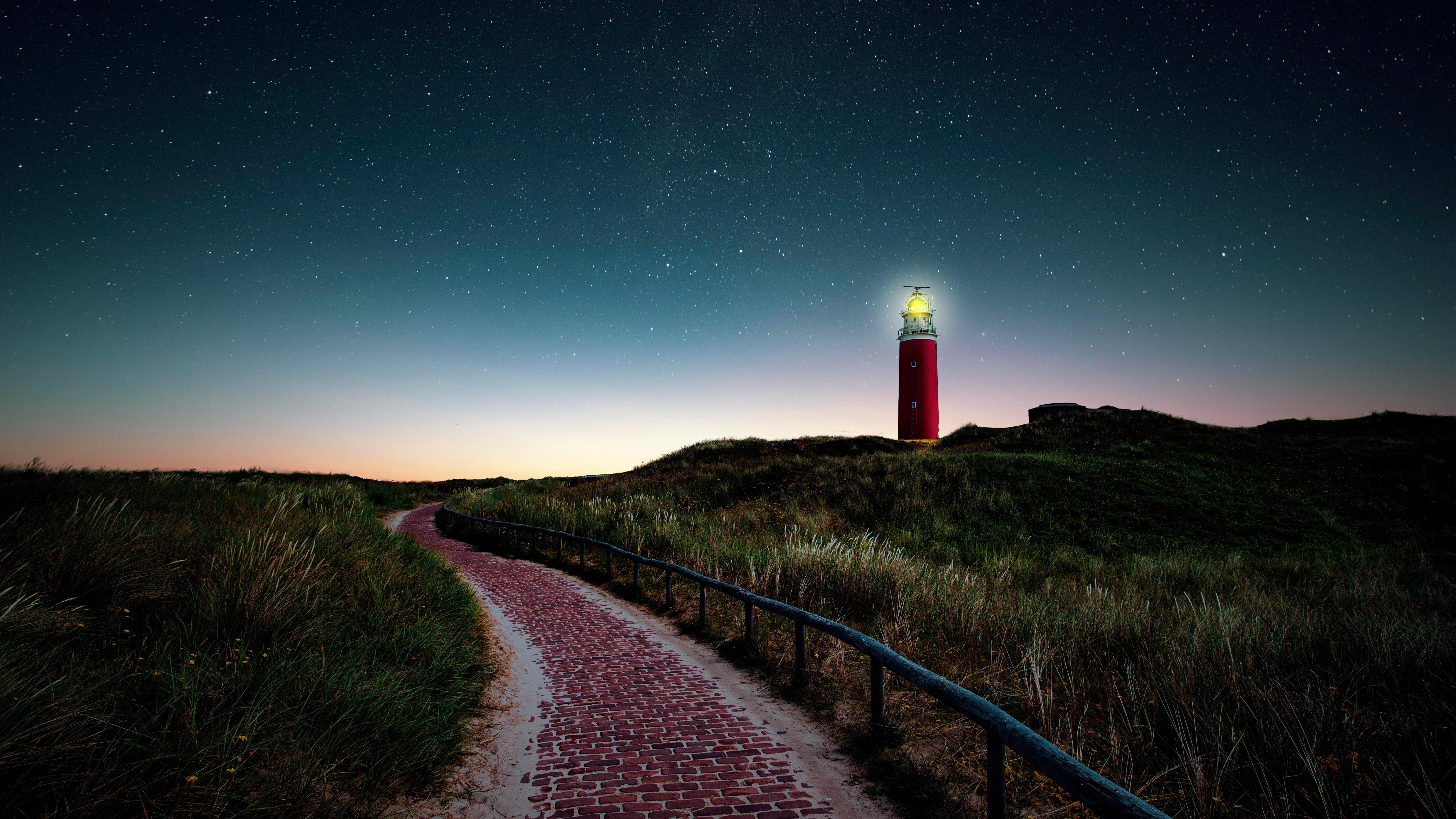 7680x4320 Lighthouse Wallpaper 4K, Starry sky, Night, Nature