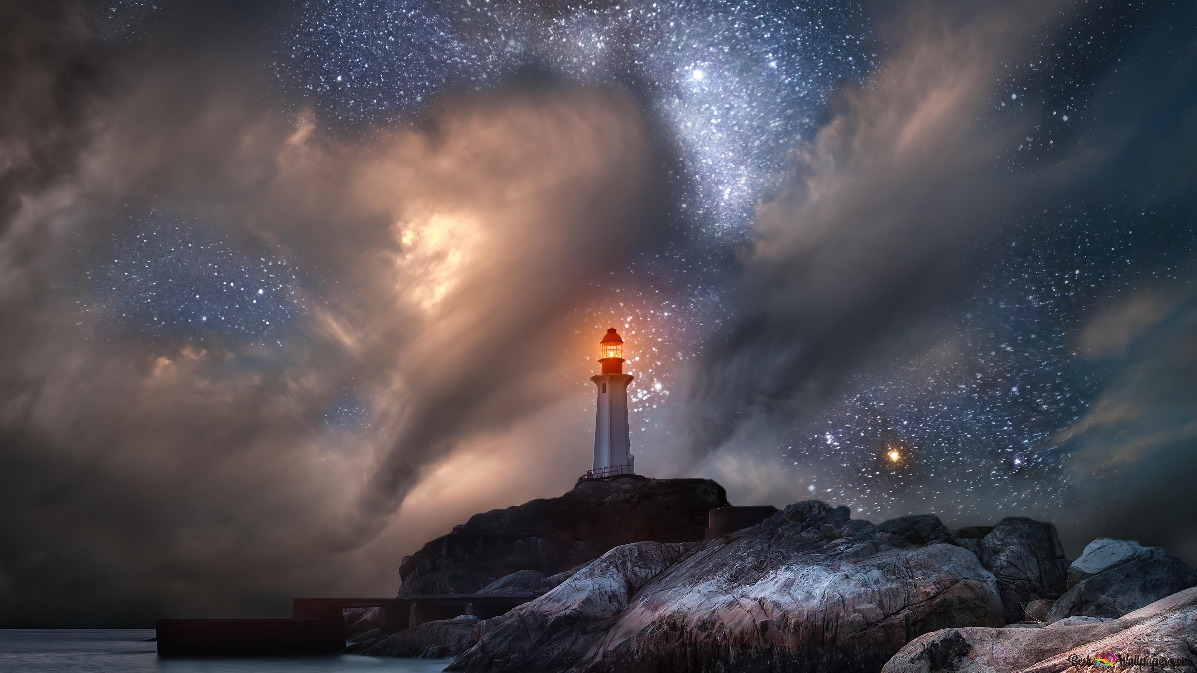 3840x2160 Lighthouse Starry Night Sky 4K wallpaper download