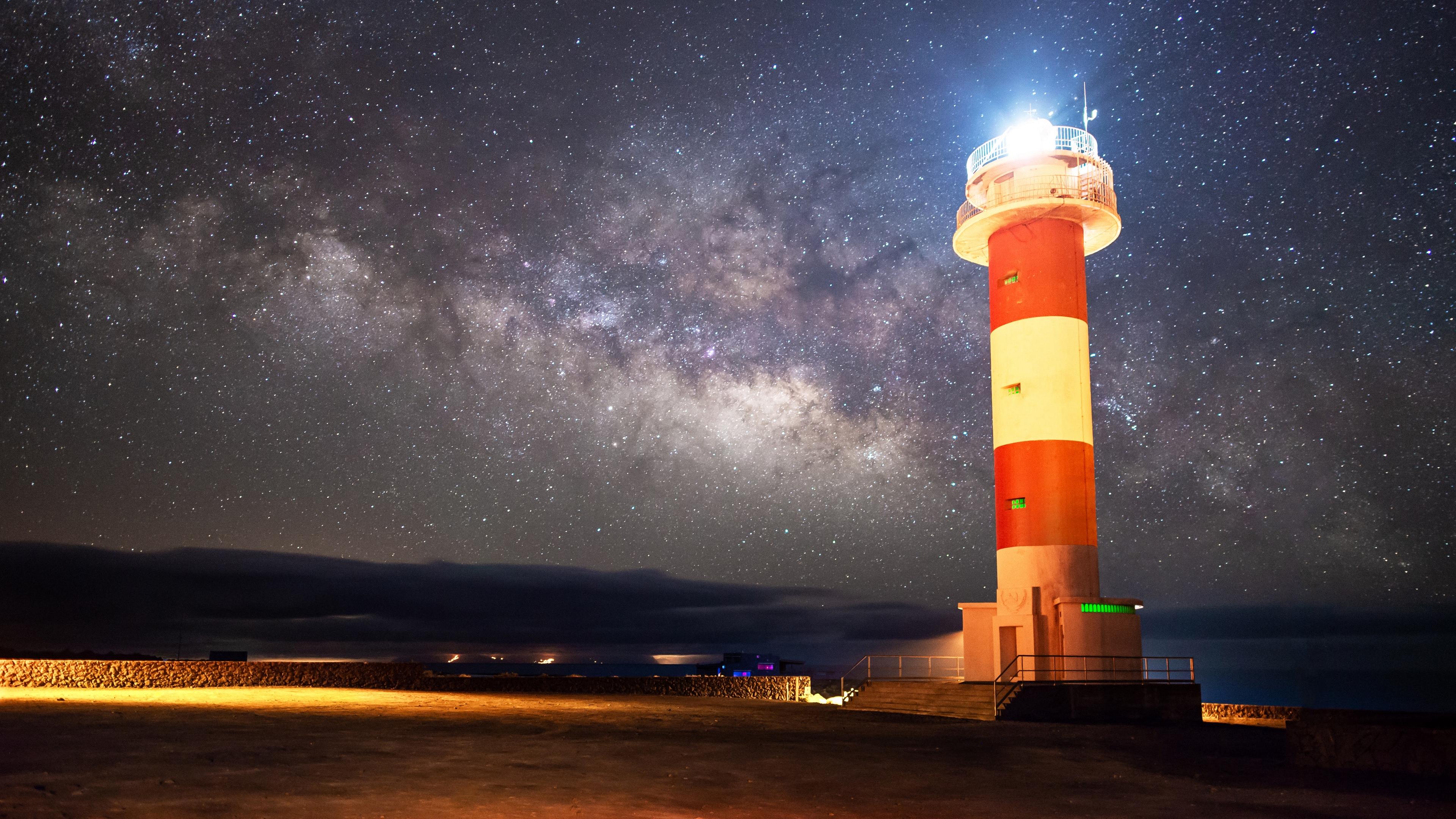 3840x2160 Wallpaper 4k lighthouse, starry sky, milky way, night, shore 4k Wallpaper