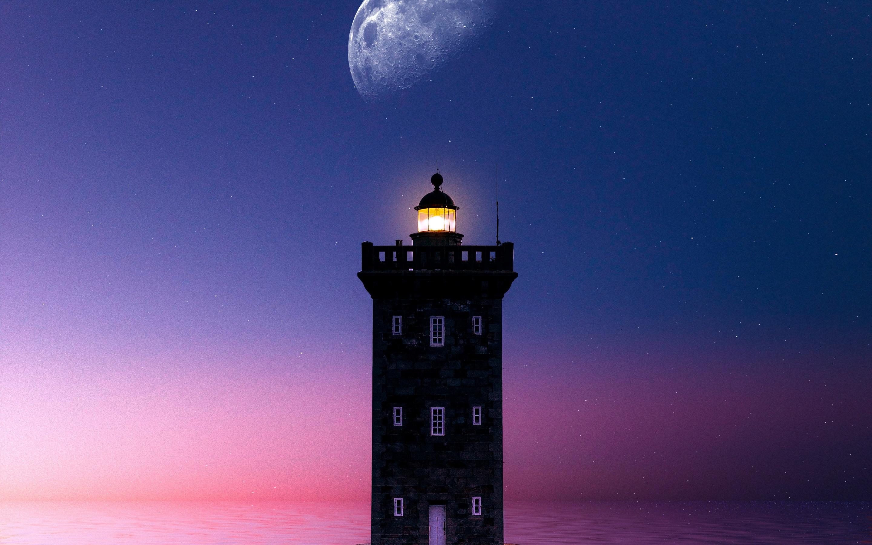 2880x1800 Lighthouse Wallpaper 4K, Moon, Sunset, Evening, Photography