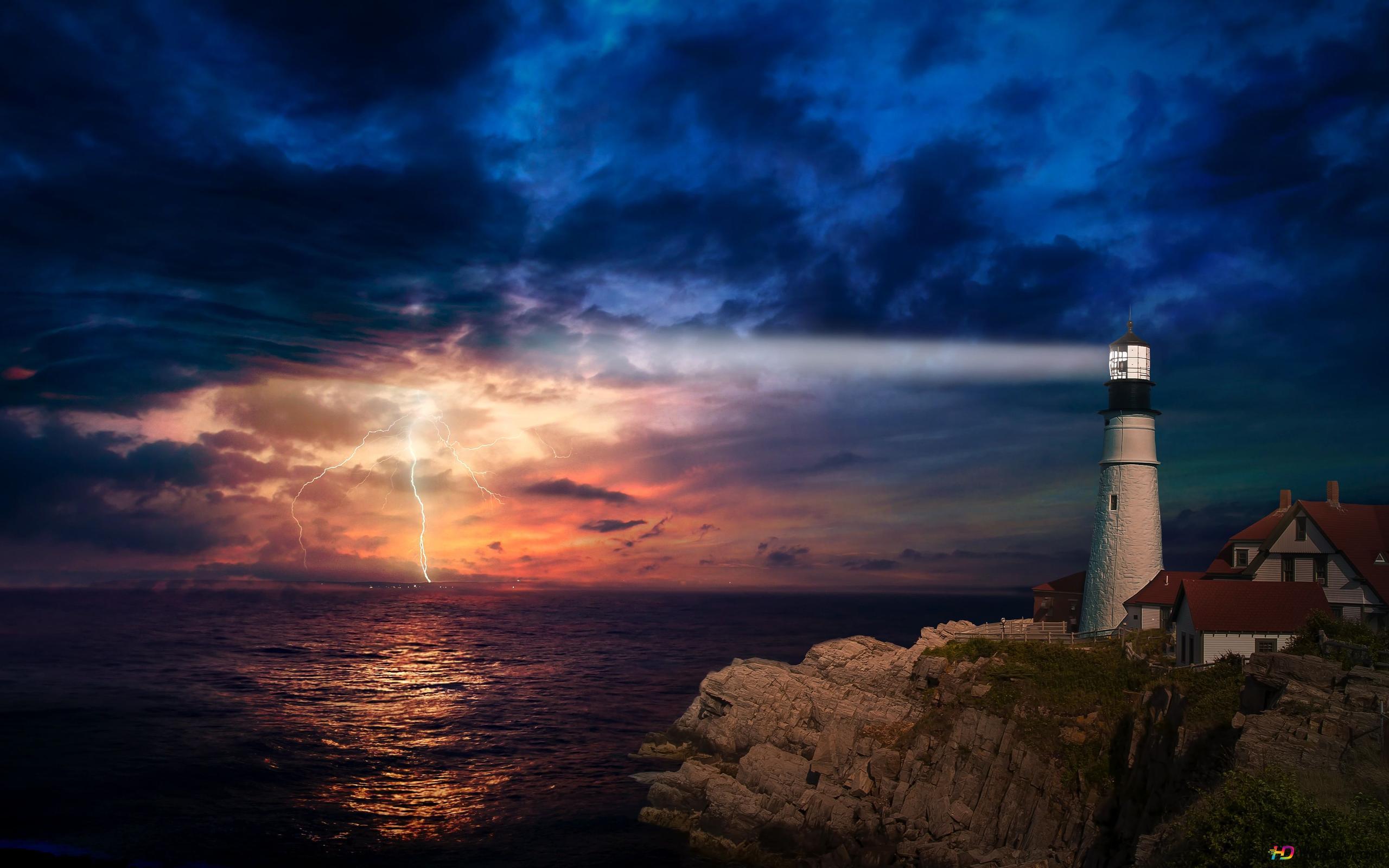 2560x1600 Lighthouse on the rocks and lightning flashes among the clouds at night 4K wallpaper download