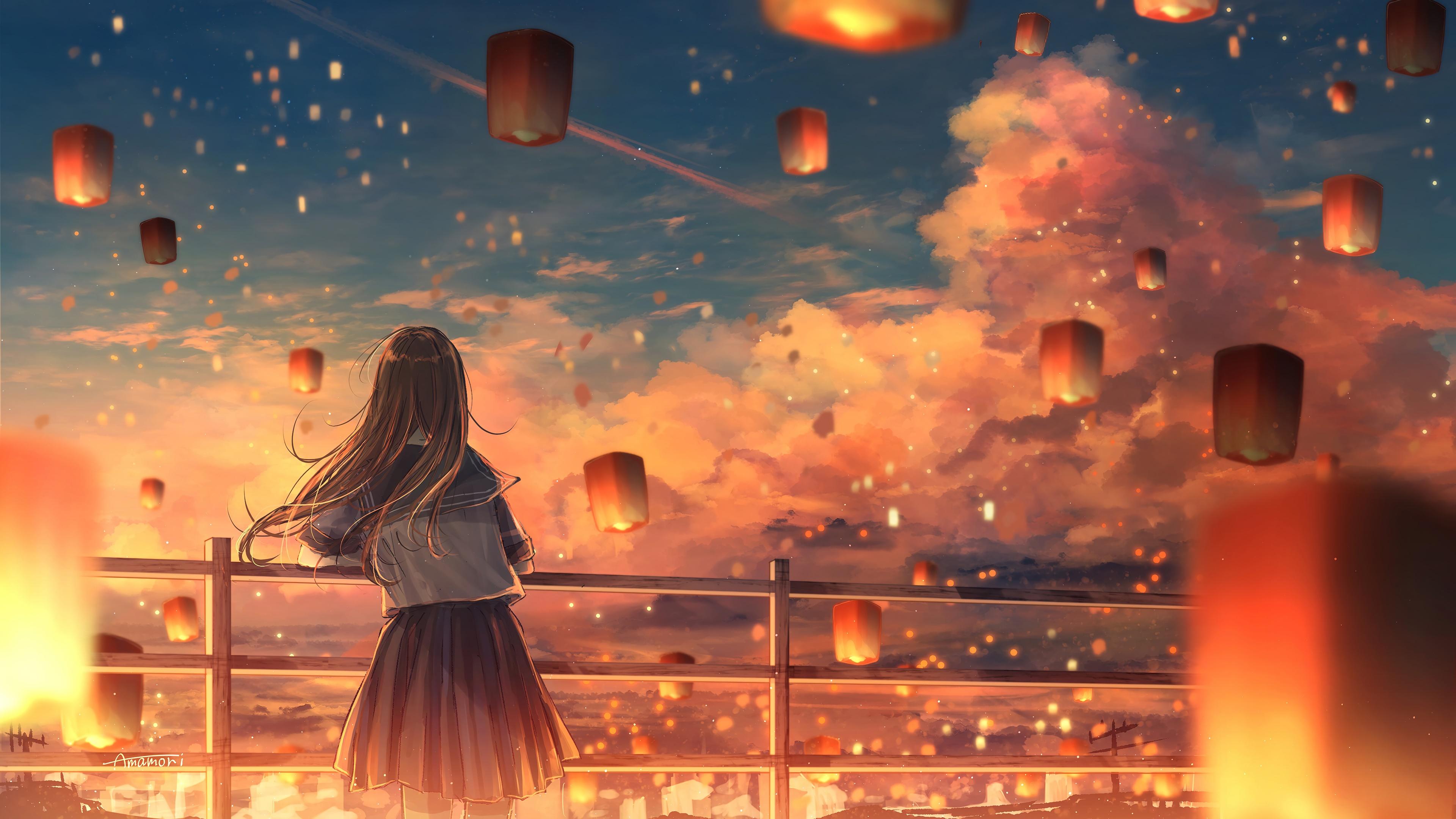 3840x2160 wallpaper, anime, girl, sky lantern, sunset, art, school, uniform, student, 4k, HD Gallery HD Wallpaper