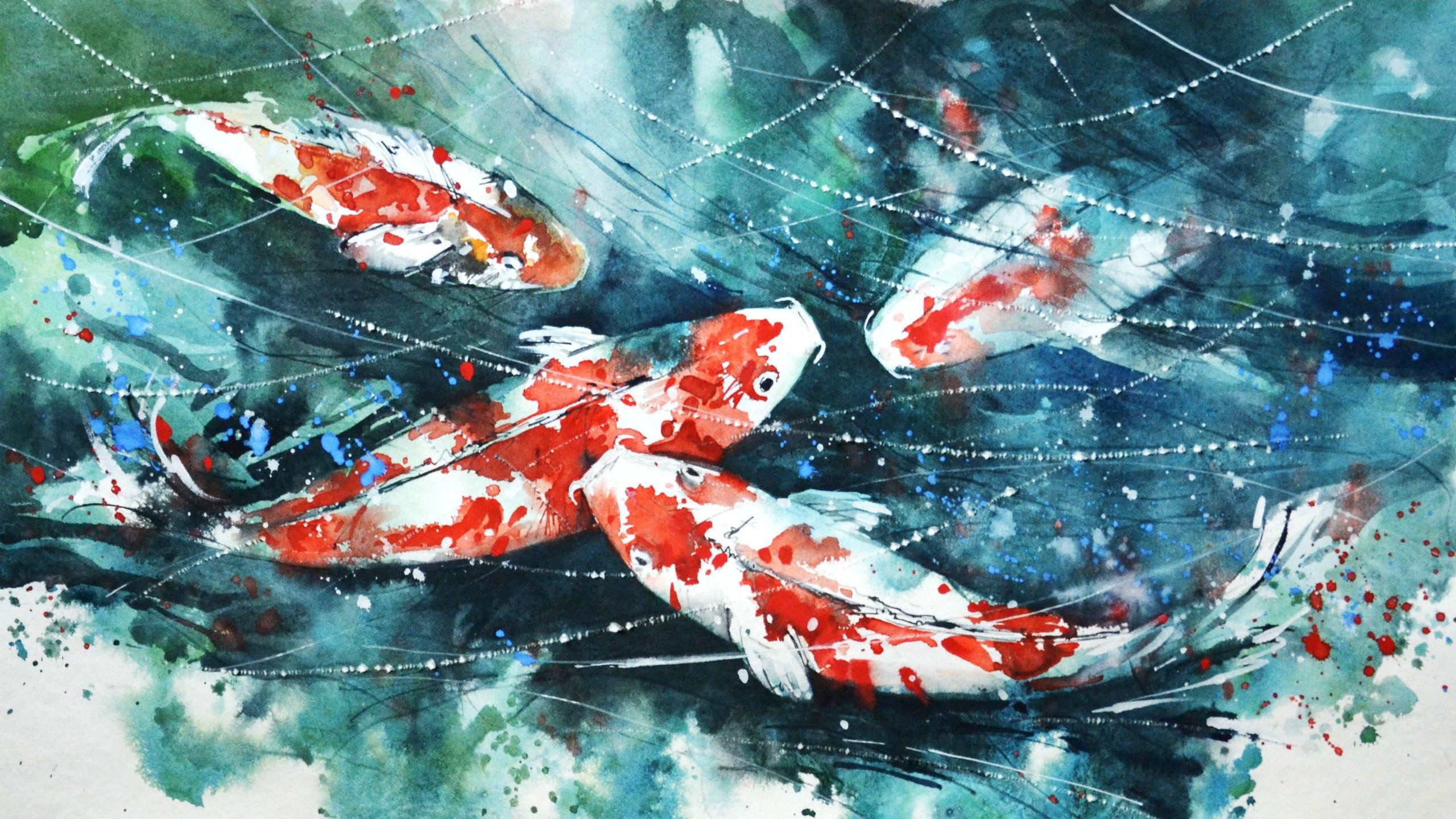 2560x1440 Wallpaper School Of Koi Fish Painting, Watercolor, Artwork