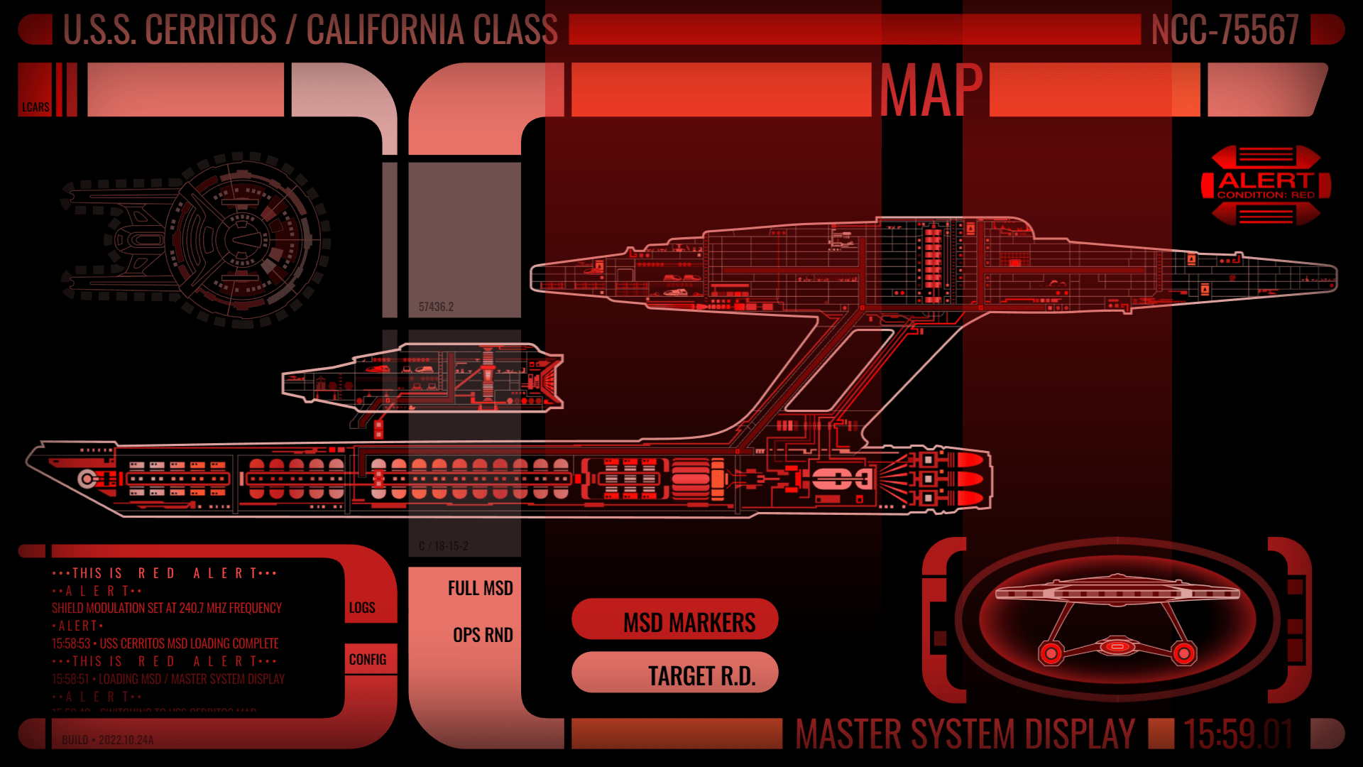 1920x1080 Cerritos animated LCARS MSD with red alert, map