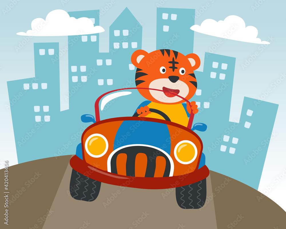 1000x800 Cute tiger cartoon having fun driving a city car on sunny day. Vector childish background for fabric textile, nursery wallpaper, card, poster and other decoration. Vector illustration. Stock Vector