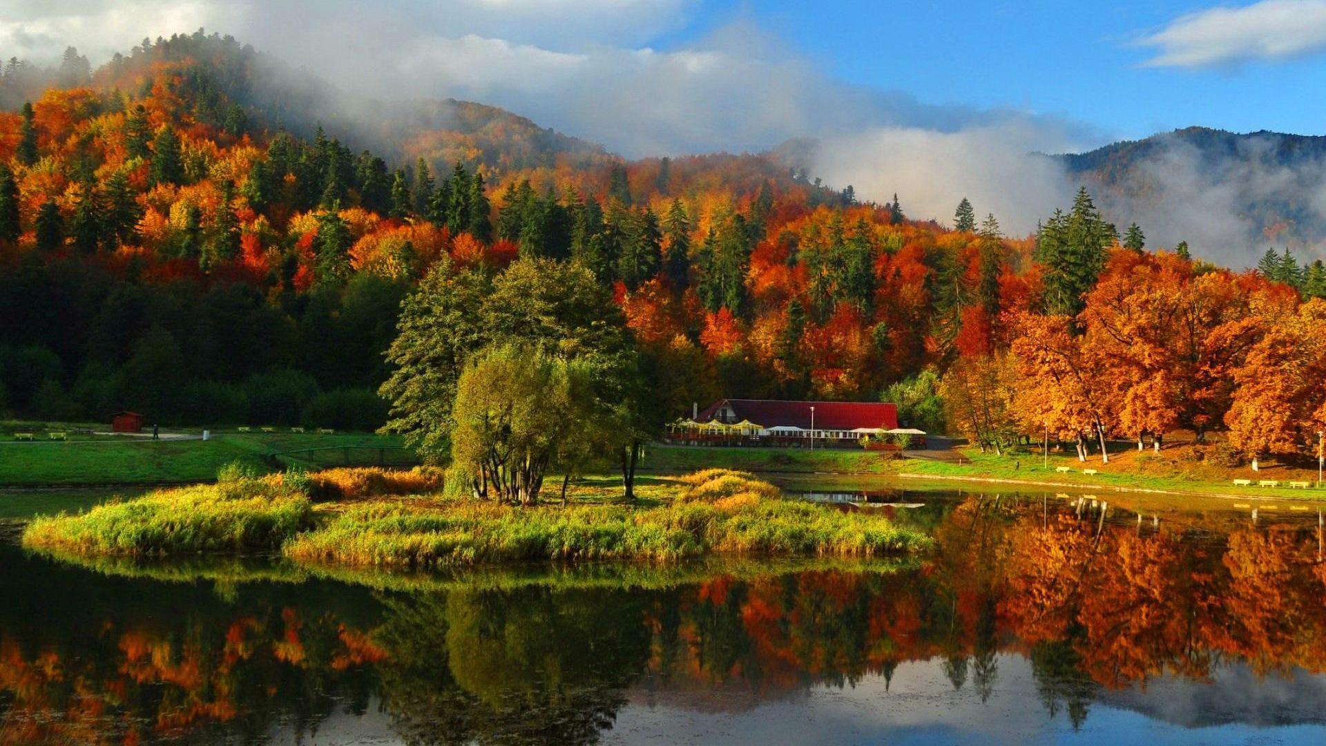 1920x1080 Misty autumn mountain wallpaper HD