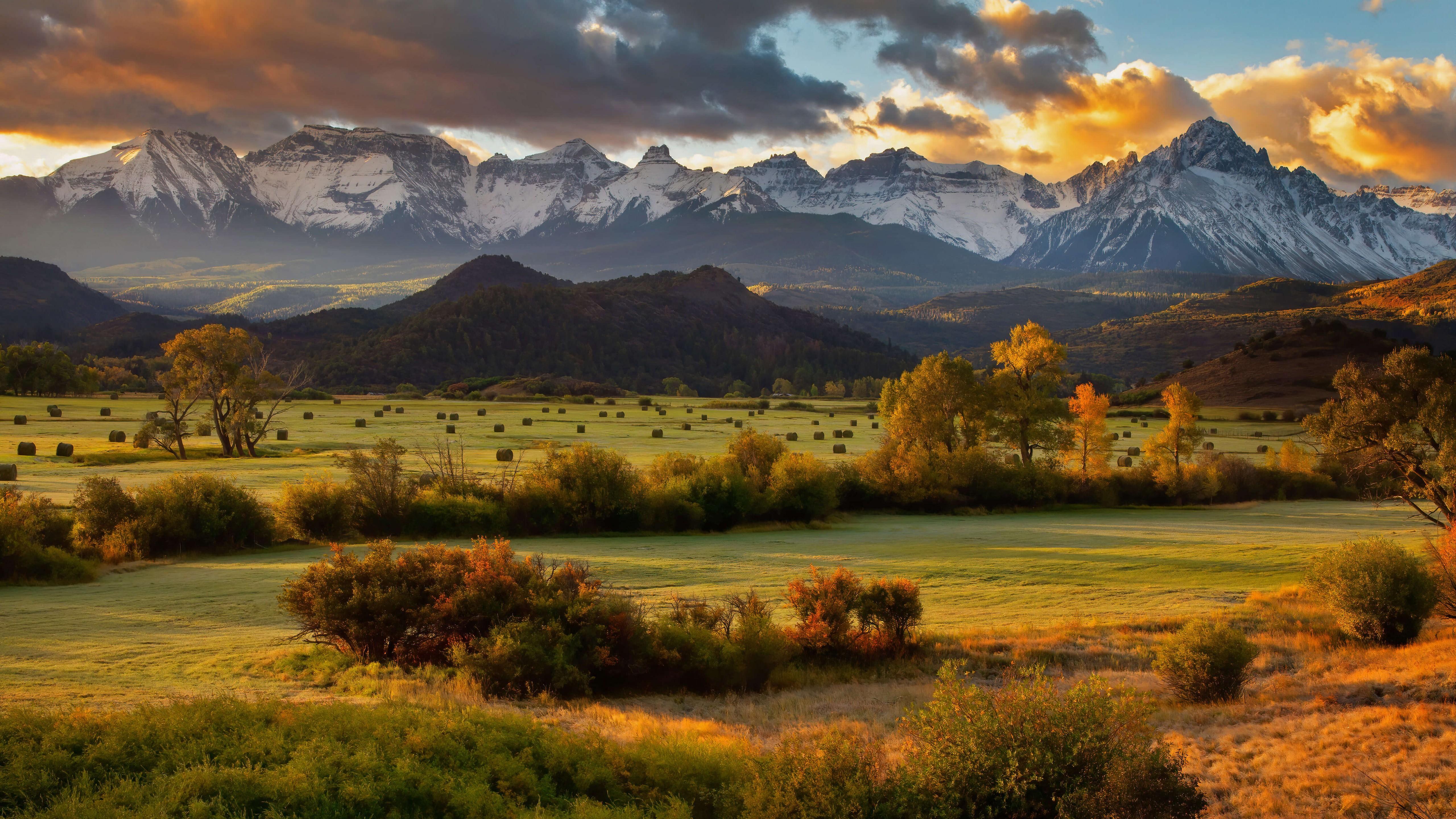 5120x2880 Wallpaper autumn, mountains, trees, sunset, sky, 5K, Nature