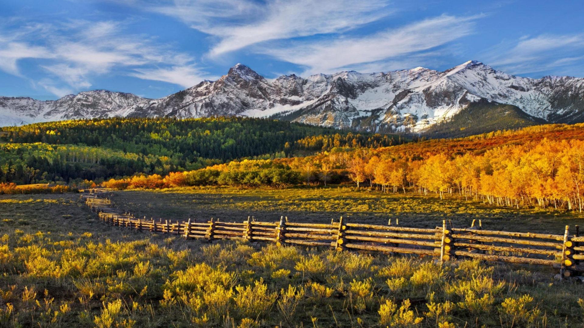 1920x1080 Beautiful, HD Wallpaper Fall Mountains With Snow Forest With Yellow Leaves And White Clouds In The Sky, Beautiful Scenery In Colorado, Usa :
