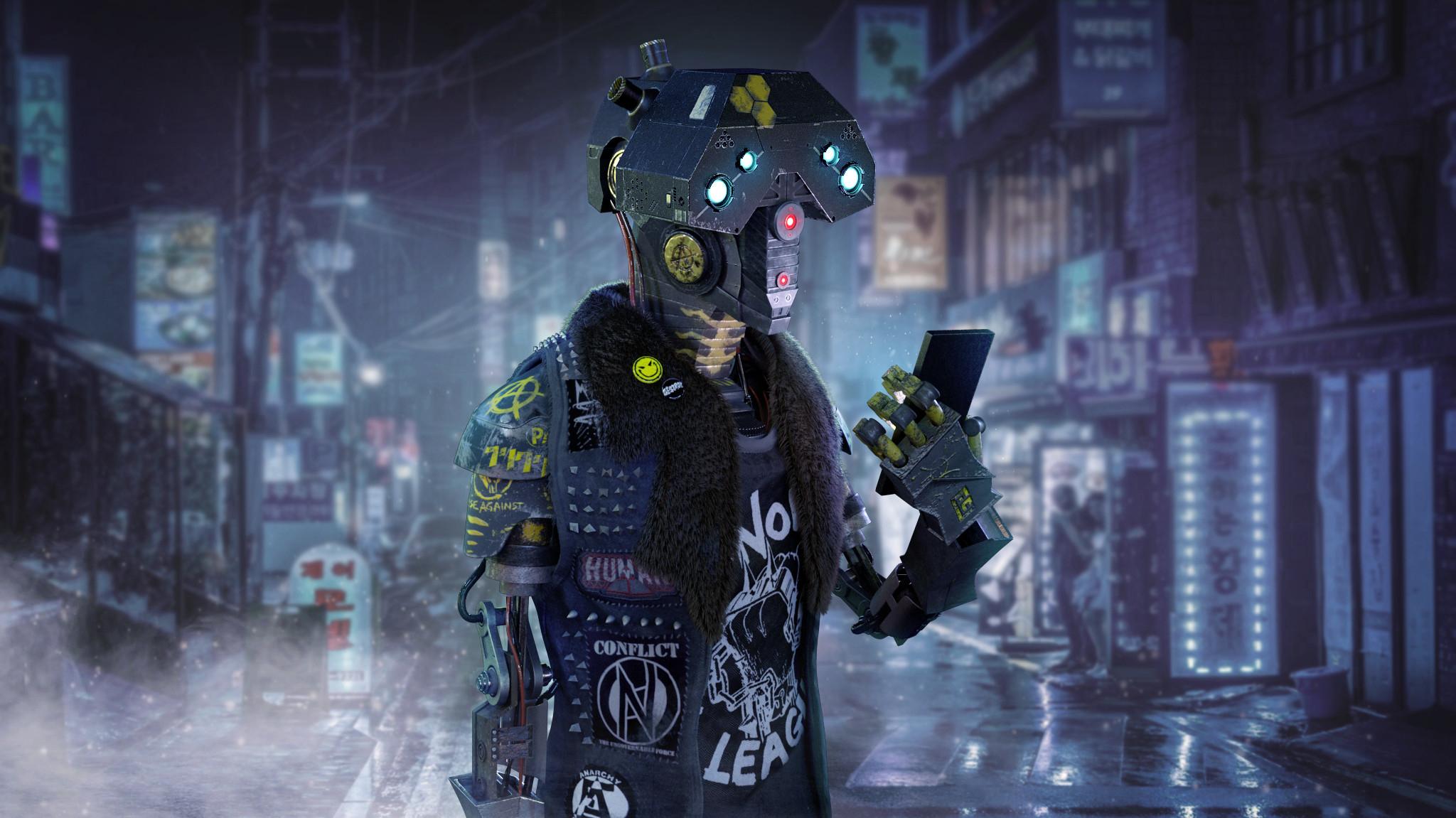 2048x1151 Funny Cyberpunk Robot Wallpaper, HD Artist 4K Wallpaper, Image, Photo and Background