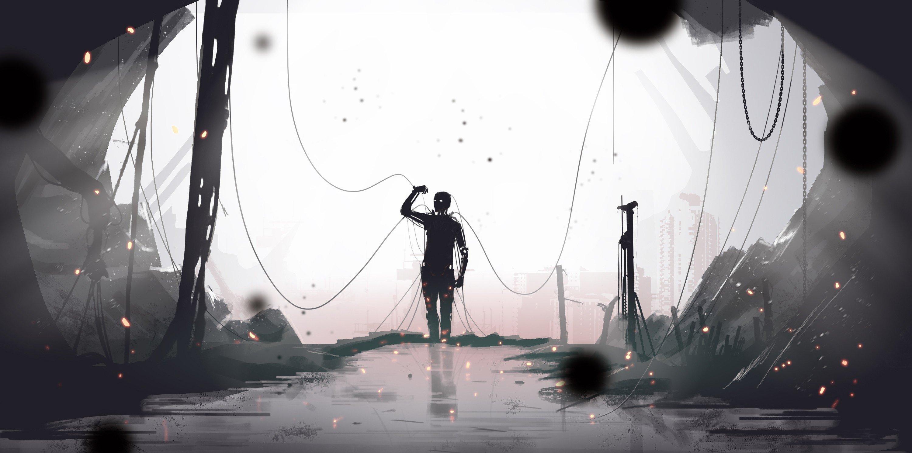 2999x1490 digital art, Robot, Cyberpunk, Science fiction HD Wallpaper / Desktop and Mobile Image & Photo