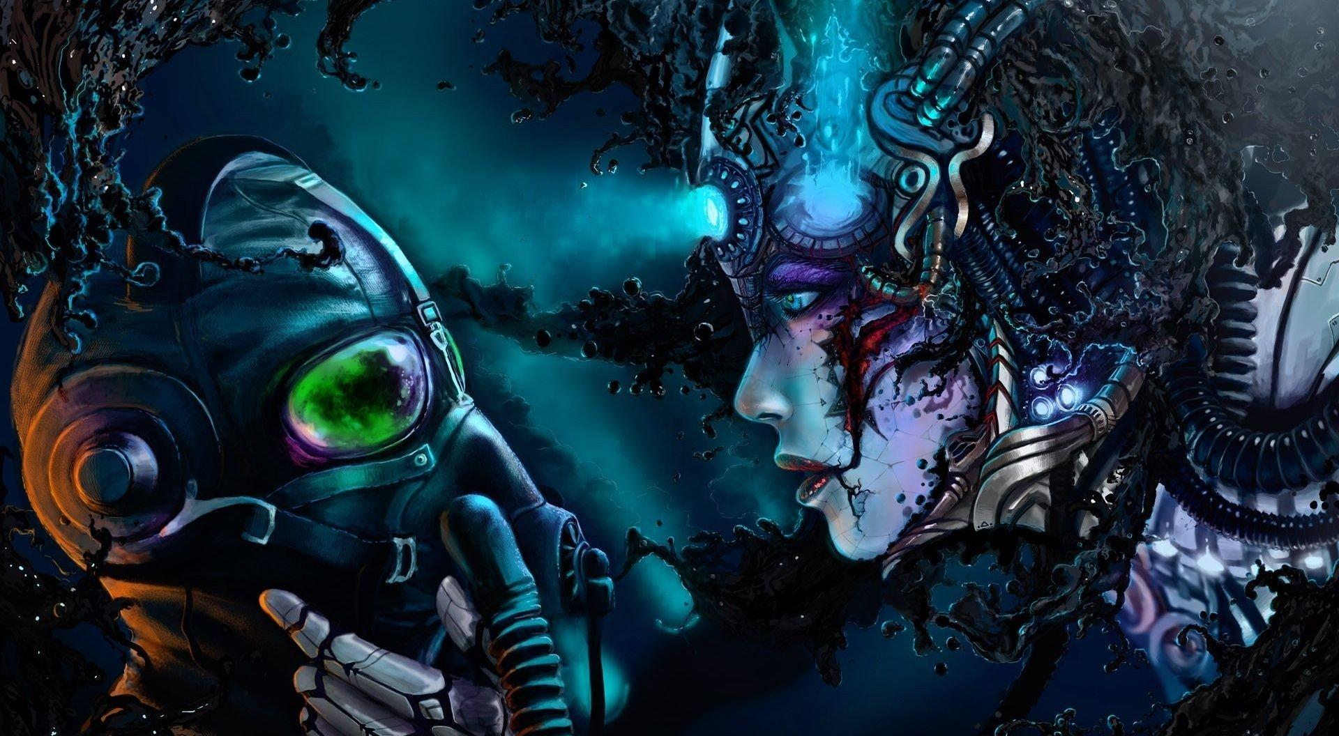 1920x1056 cyberpunk, Gas masks, Robot, Wires, Romantically Apocalyptic, Vitaly S Alexius HD Wallpaper / Desktop and Mobile Image & Photo