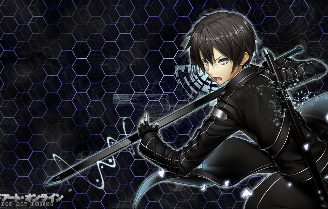 1332x850 Wallpaper sword, game, anime, short hair, katana, boy, MMORPG, hero, asian, manga, season one, japanese, RPG, black hair, Sword Art Online, Kirito image for desktop, section сёнэн