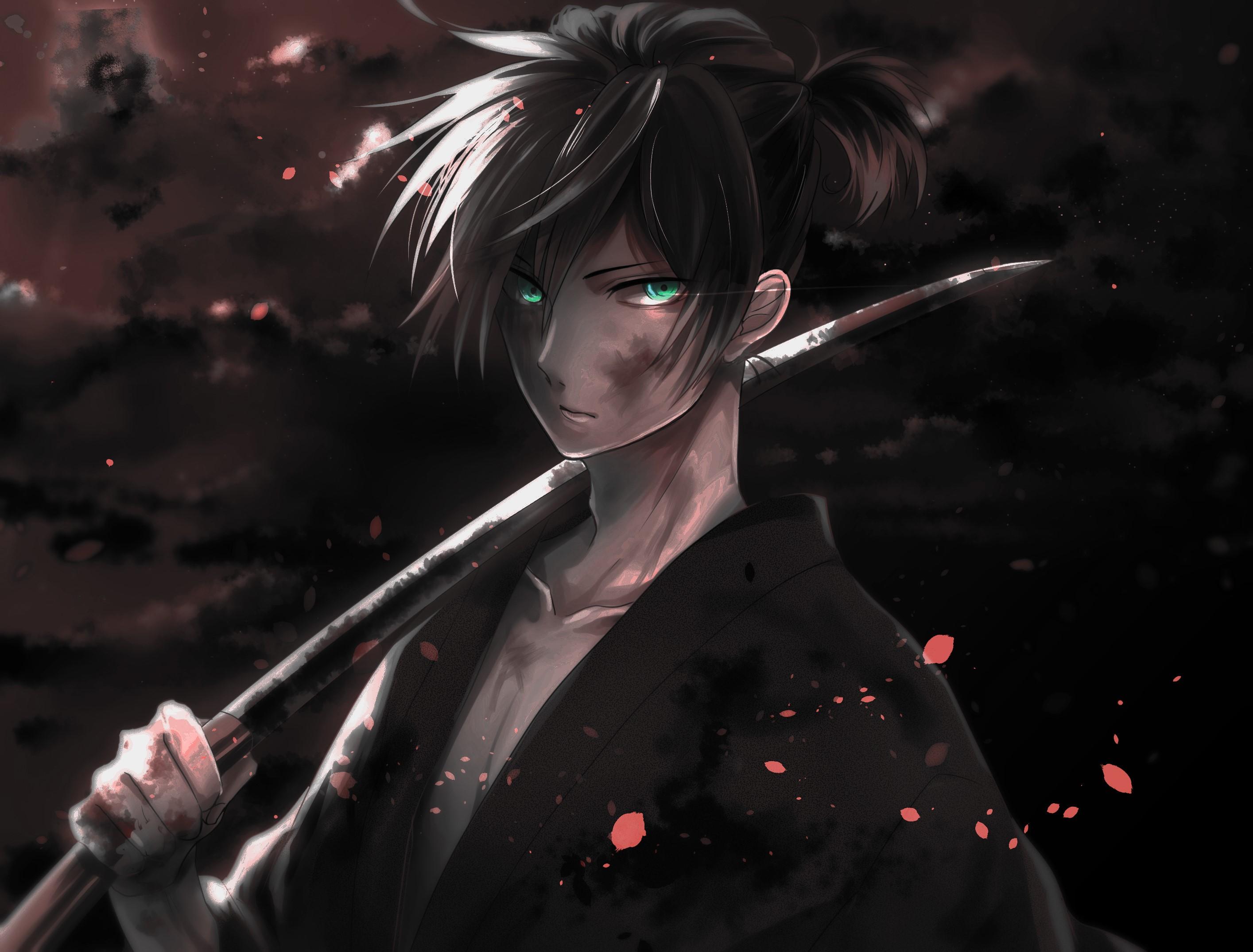 2829x2150 Wallpaper / Noragami, Yato (Noragami), dark, warrior, anime boys, blue eyes, drawing, painting, artwork, digital, katana, sword, anime, manga free download