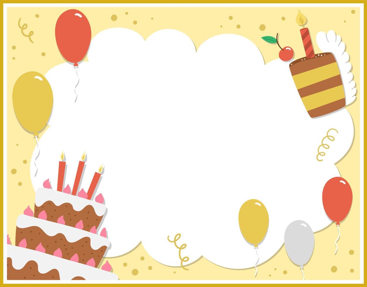 1254x980 Birthday party greeting card template with cute cake and candles. Anniversary poster or invitation for kids. Bright holiday illustration with traditional festive dessert, balloons, confetti