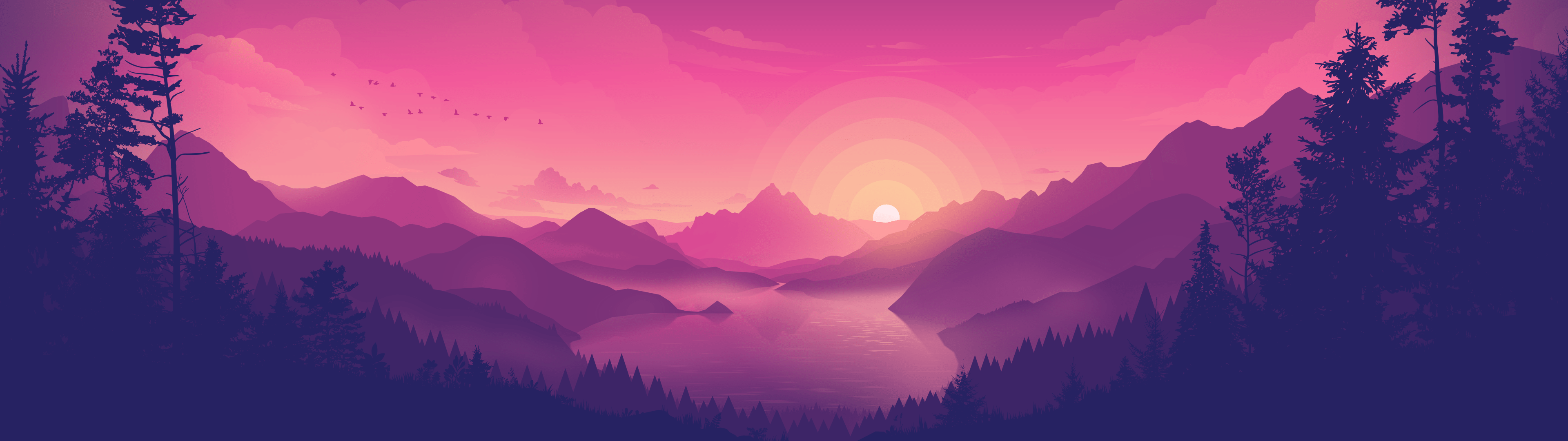 3840x1080 Lakeside Wallpaper 4K, Pink sky, Sunset, Minimal art
