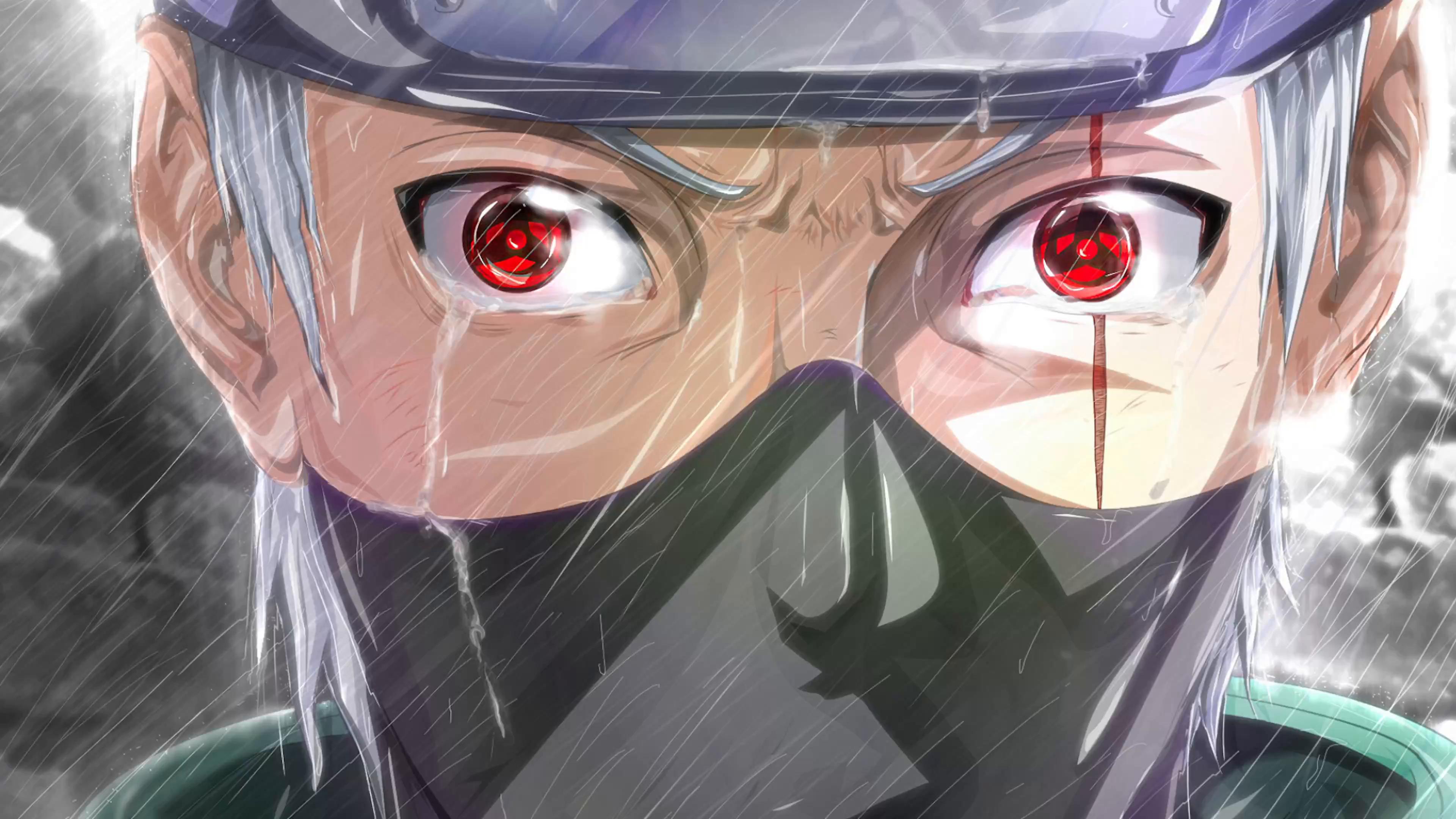 3840x2160 Kakashi Hatake With Sharingan Symbols Crying In The Rain Live Wallpaper