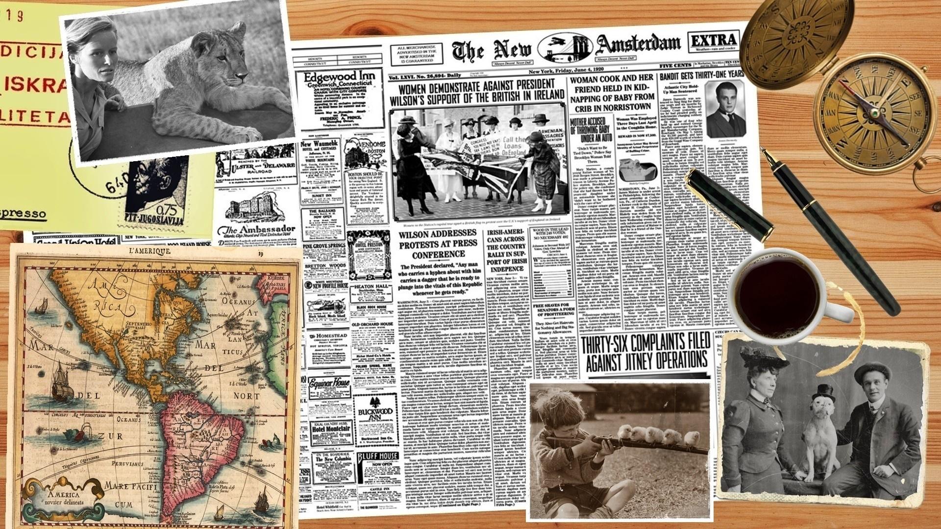 1920x1080 drawing, collage, table, coffee, map, old photo, compass, pens, brand, newspapers, ART, design, ancient history Gallery HD Wallpaper