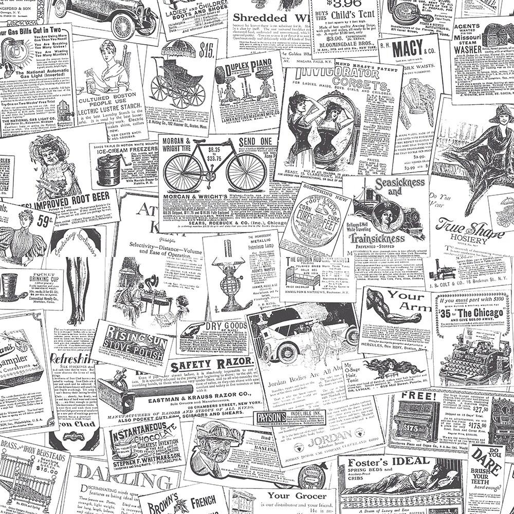 1000x1000 Newspaper Wallpaper, Novelty in Black, White
