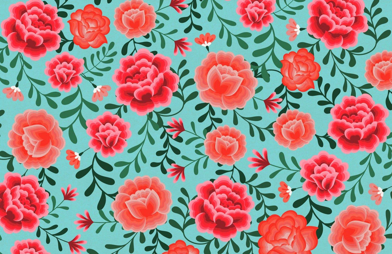 1650x1070 Blue Frida Kahlo Floral Pattern Wallpaper Mural