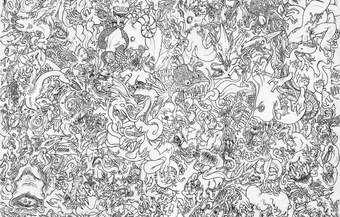 1332x850 Wallpaper paper, pattern, China, black and white, dragons image for desktop, section текстуры