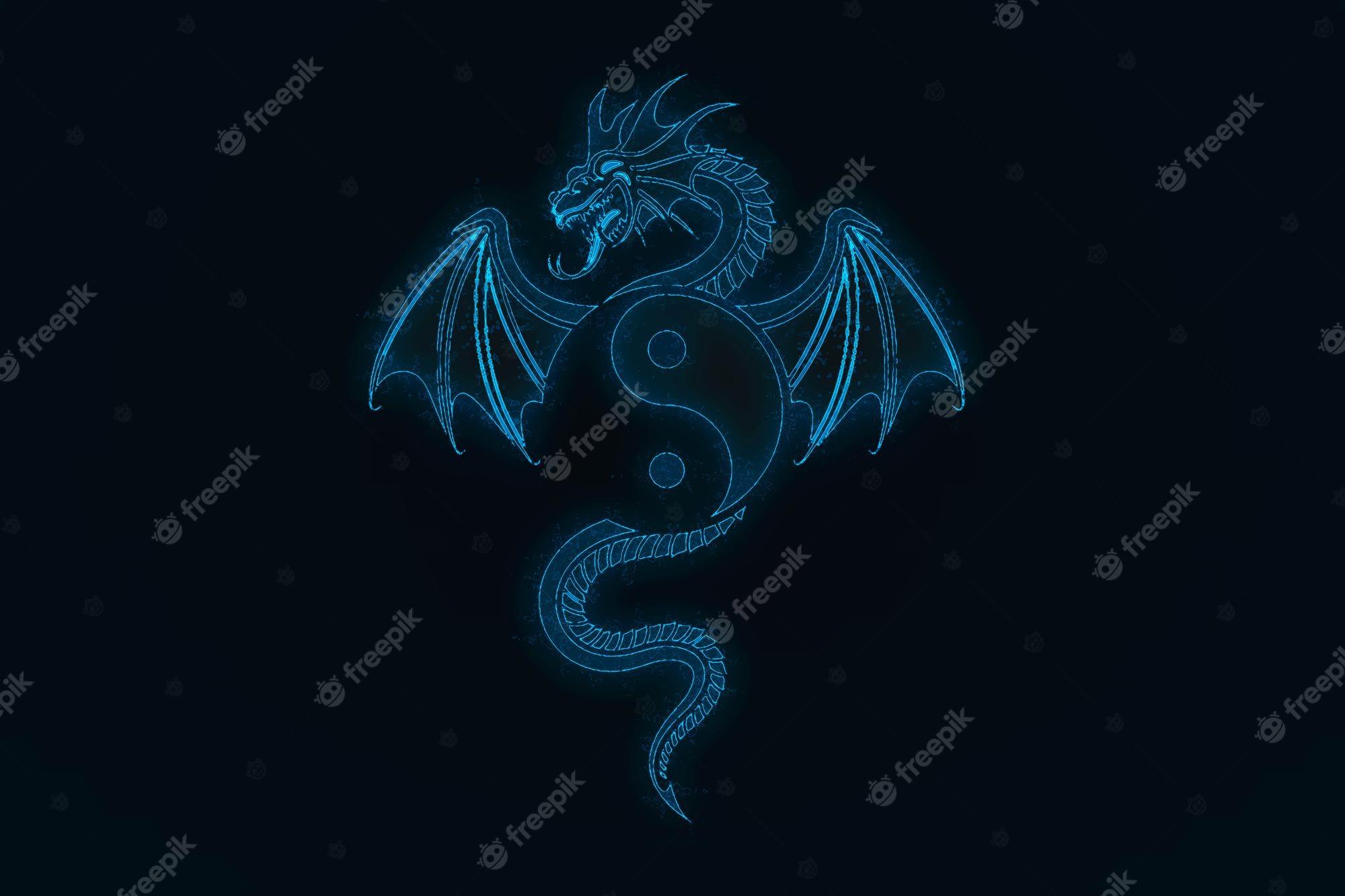2000x1333 Premium Photo. A glowing blue chinese dragon on a dark blue background