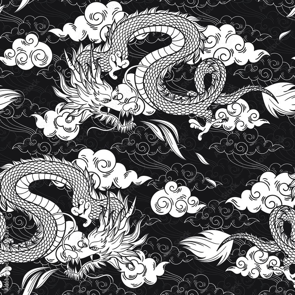 1000x1000 Vector seamless pattern with chinese dragon and clouds. Black and white hand draw. Abstract art print. Wallpaper, cloth design, fabric, tissue, textile design template, background. Stock Vector