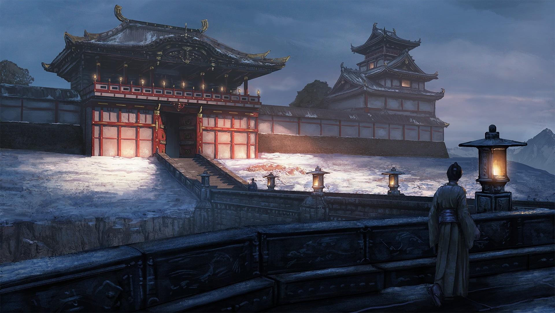 1920x1082 Wallpaper / feudal, art, gate, lights, road, samurai, architecture, twilight, Japan, 1080P, ladder, Edward Baron, castle free download